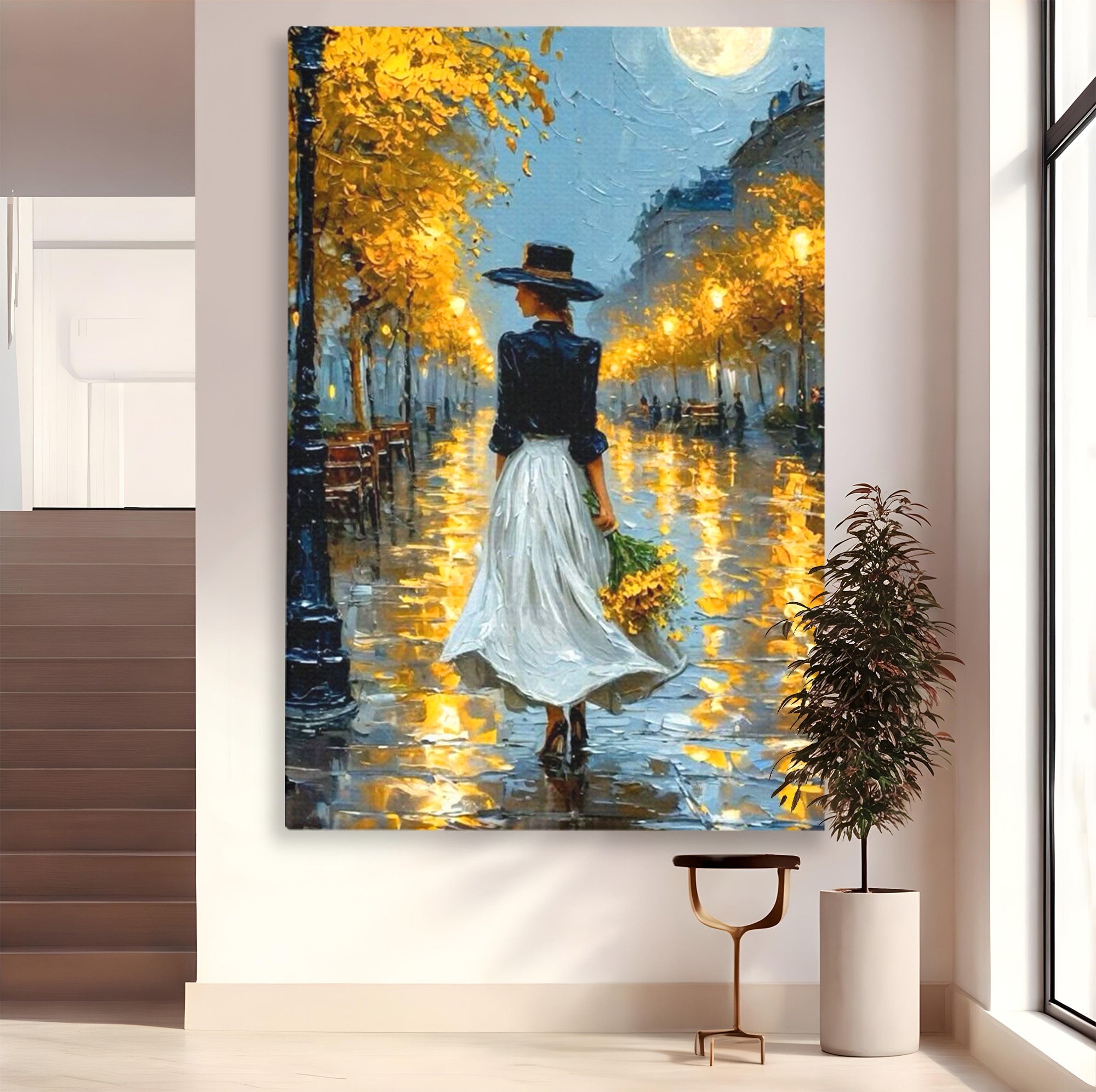 Tablou Canvas Premium LuxCanva® PI1149, Femeie Pe Strada Noaptea, Diafan, Plimbare, Alee, Romantic, Living, Toamna, Culori Vibrante