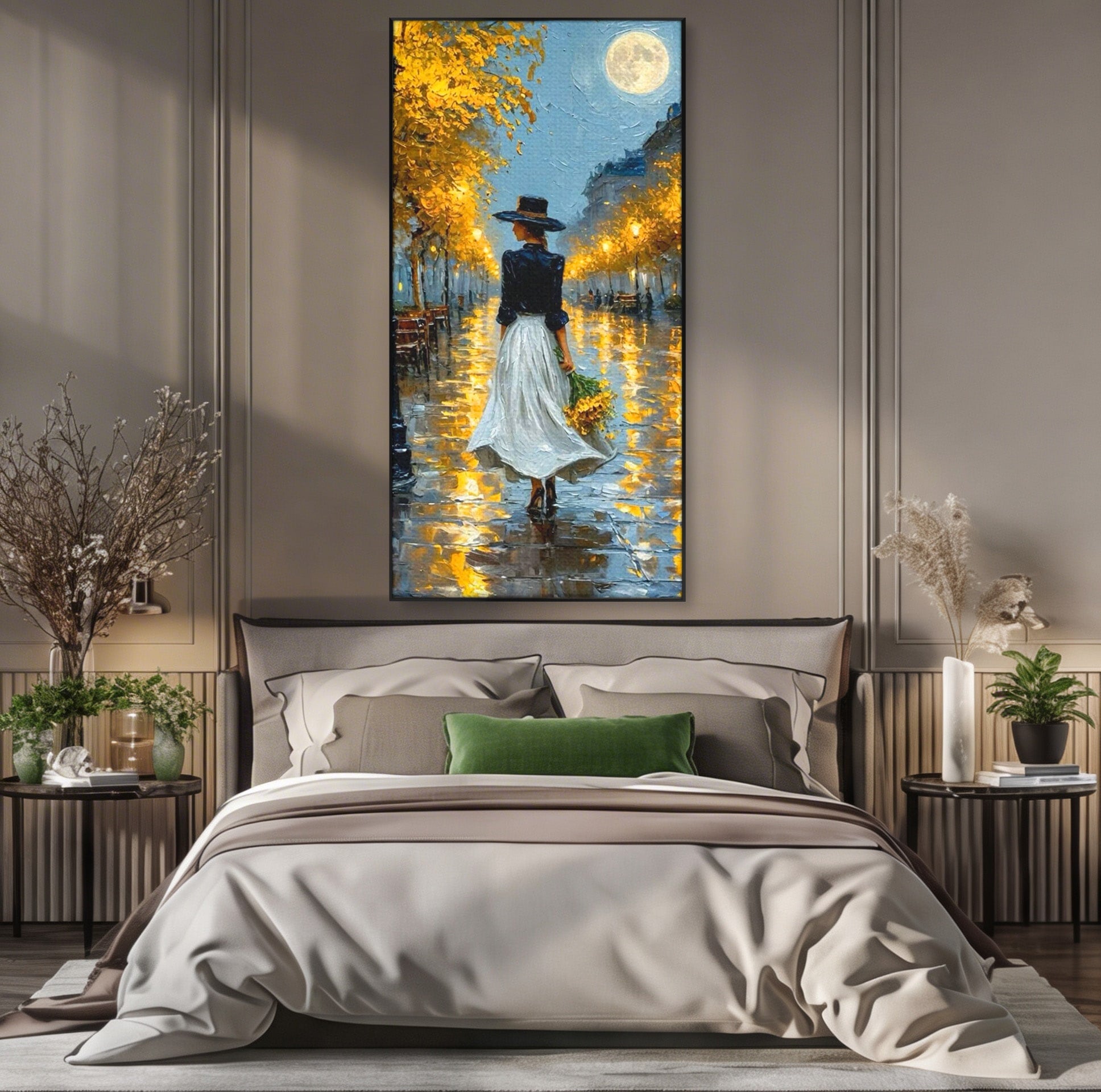 Tablou Canvas Premium LuxCanva® PI1149, Femeie Pe Strada Noaptea, Diafan, Plimbare, Alee, Romantic, Living, Toamna, Culori Vibrante