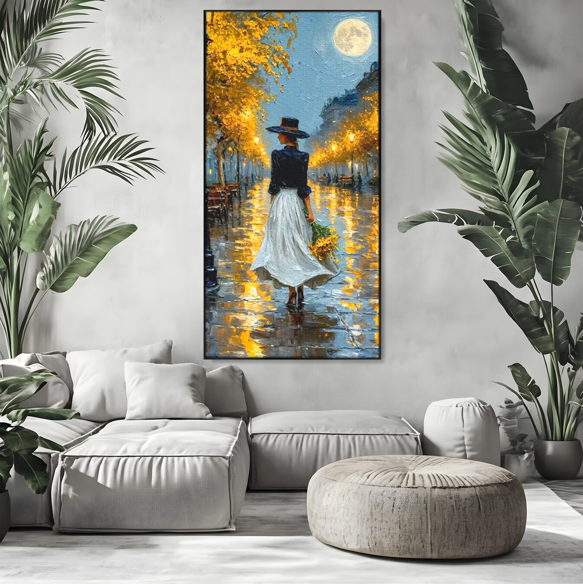 Tablou Canvas Premium LuxCanva® PI1149, Femeie Pe Strada Noaptea, Diafan, Plimbare, Alee, Romantic, Living, Toamna, Culori Vibrante