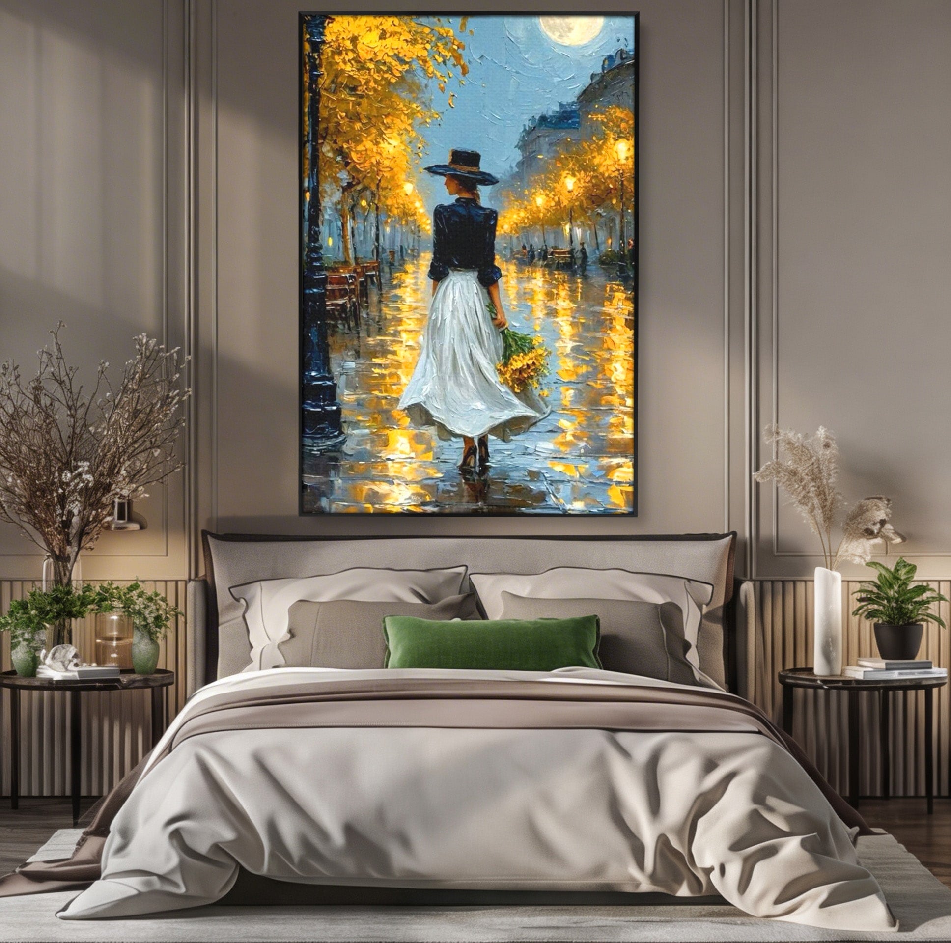 Tablou Canvas Premium LuxCanva® PI1149, Femeie Pe Strada Noaptea, Diafan, Plimbare, Alee, Romantic, Living, Toamna, Culori Vibrante