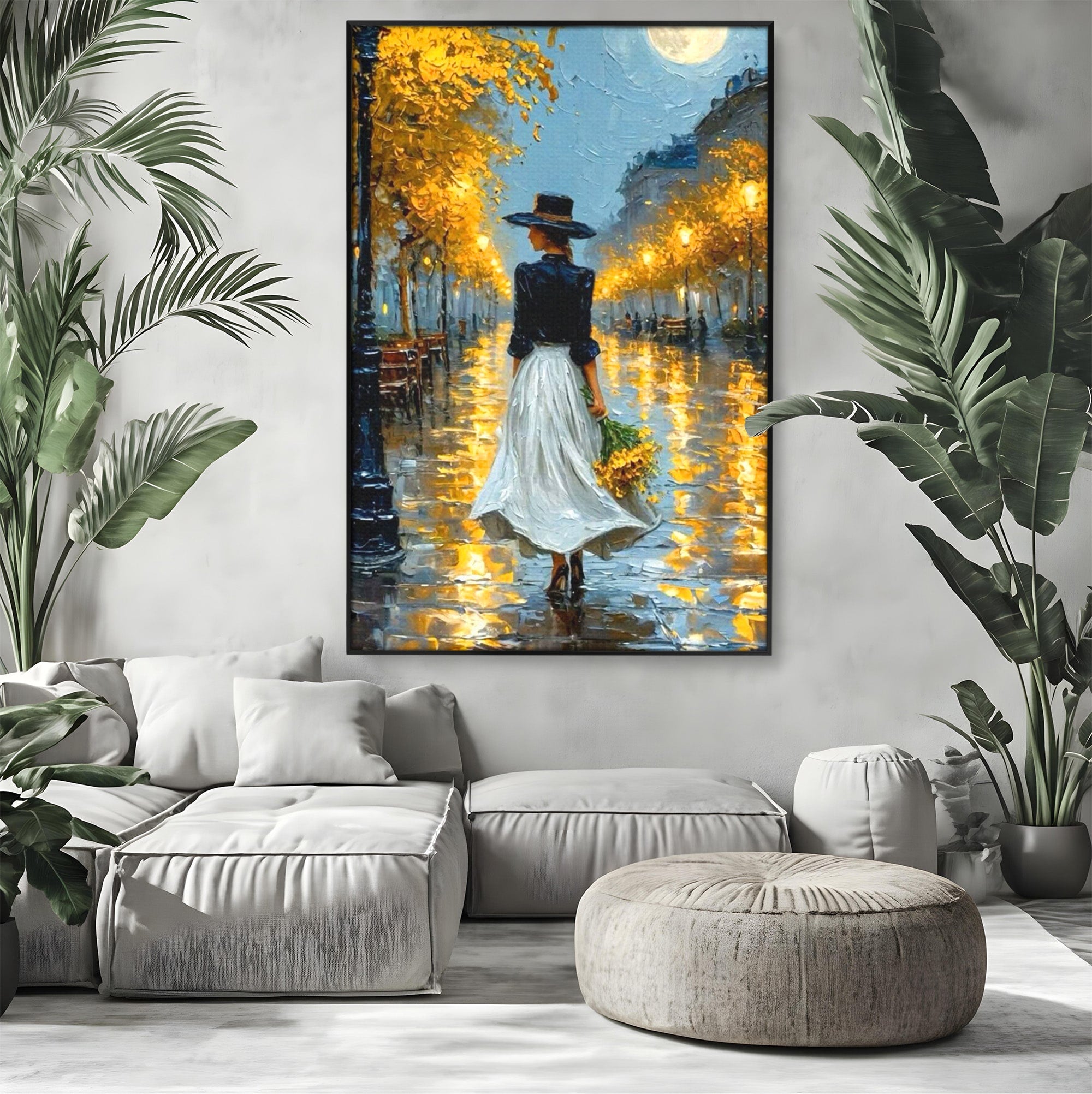 Tablou Canvas Premium LuxCanva® PI1149, Femeie Pe Strada Noaptea, Diafan, Plimbare, Alee, Romantic, Living, Toamna, Culori Vibrante