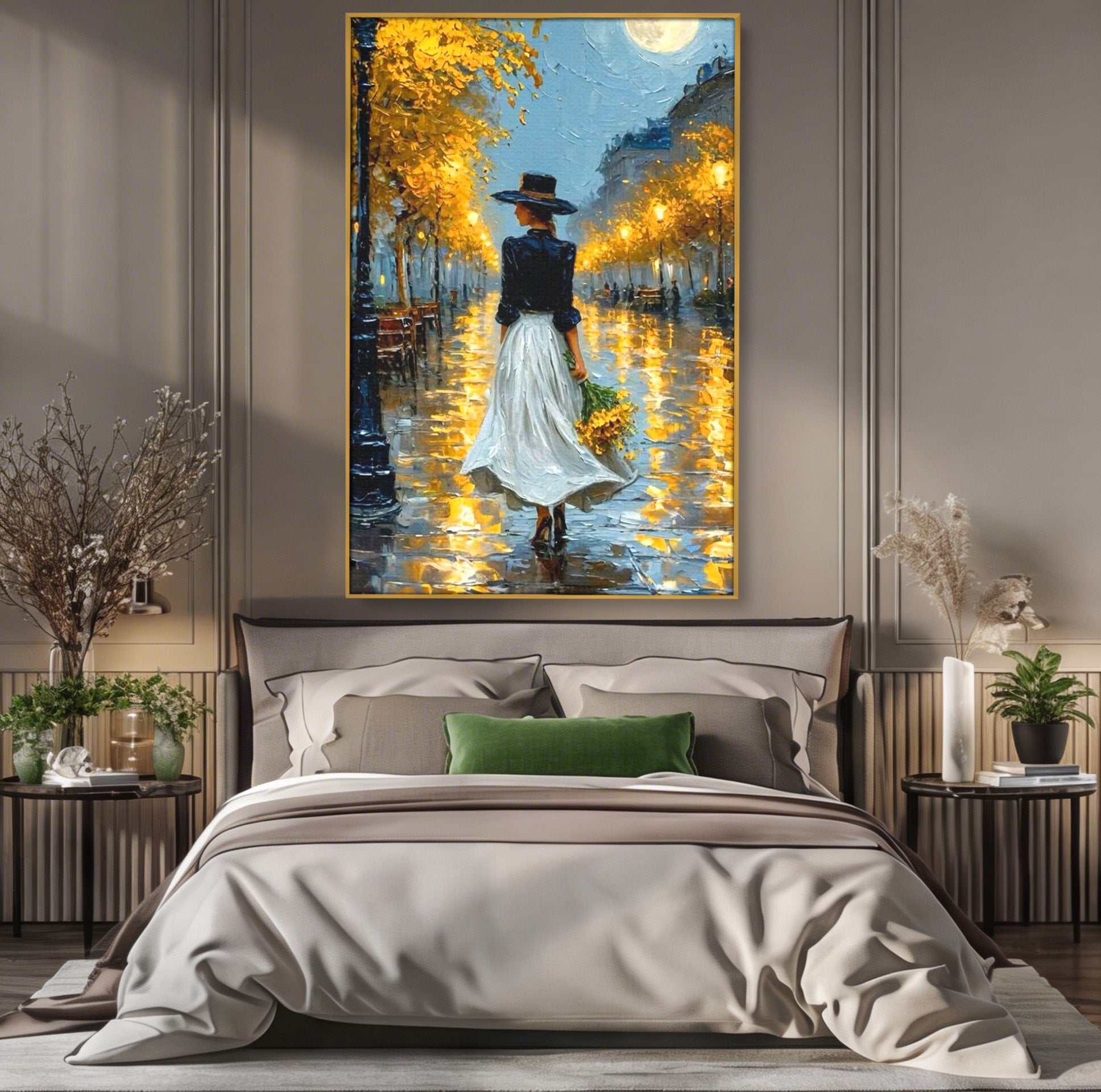 Tablou Canvas Premium LuxCanva® PI1149, Femeie Pe Strada Noaptea, Diafan, Plimbare, Alee, Romantic, Living, Toamna, Culori Vibrante