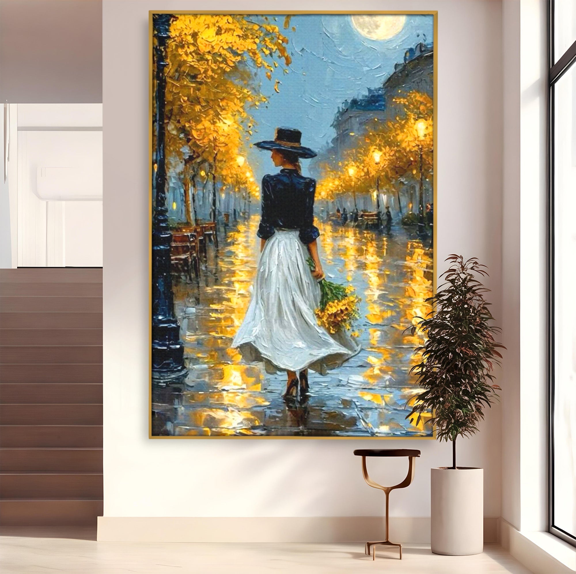 Tablou Canvas Premium LuxCanva® PI1149, Femeie Pe Strada Noaptea, Diafan, Plimbare, Alee, Romantic, Living, Toamna, Culori Vibrante