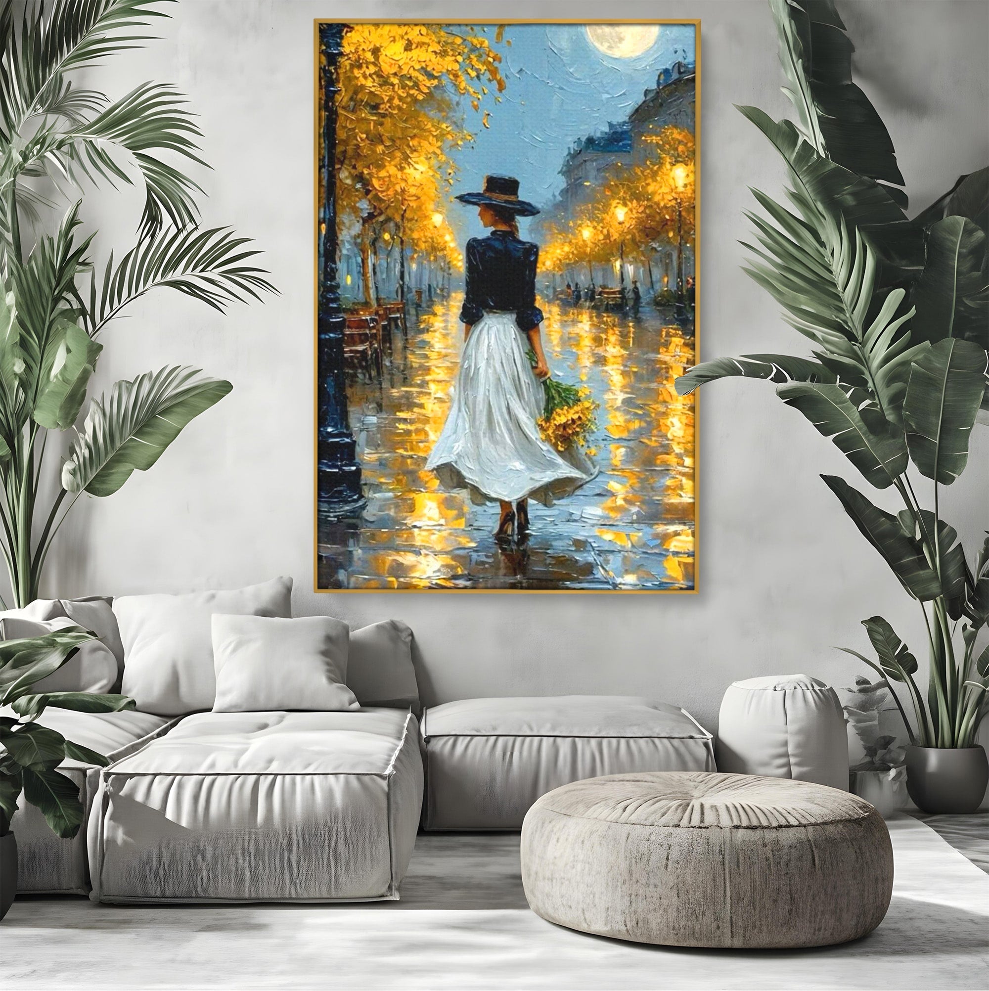 Tablou Canvas Premium LuxCanva® PI1149, Femeie Pe Strada Noaptea, Diafan, Plimbare, Alee, Romantic, Living, Toamna, Culori Vibrante