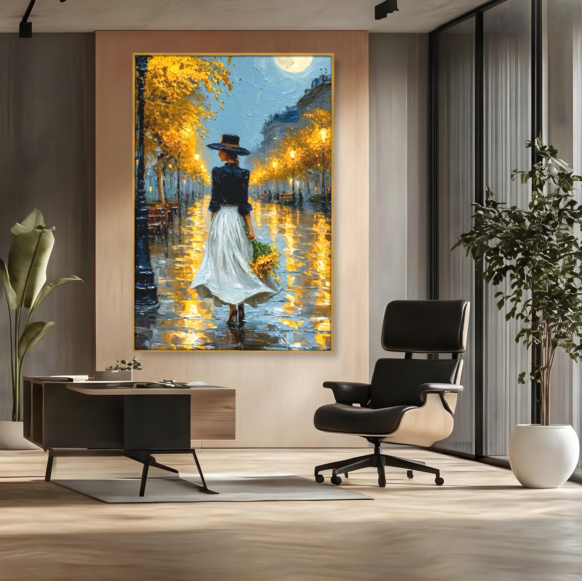 Tablou Canvas Premium LuxCanva® PI1149, Femeie Pe Strada Noaptea, Diafan, Plimbare, Alee, Romantic, Living, Toamna, Culori Vibrante