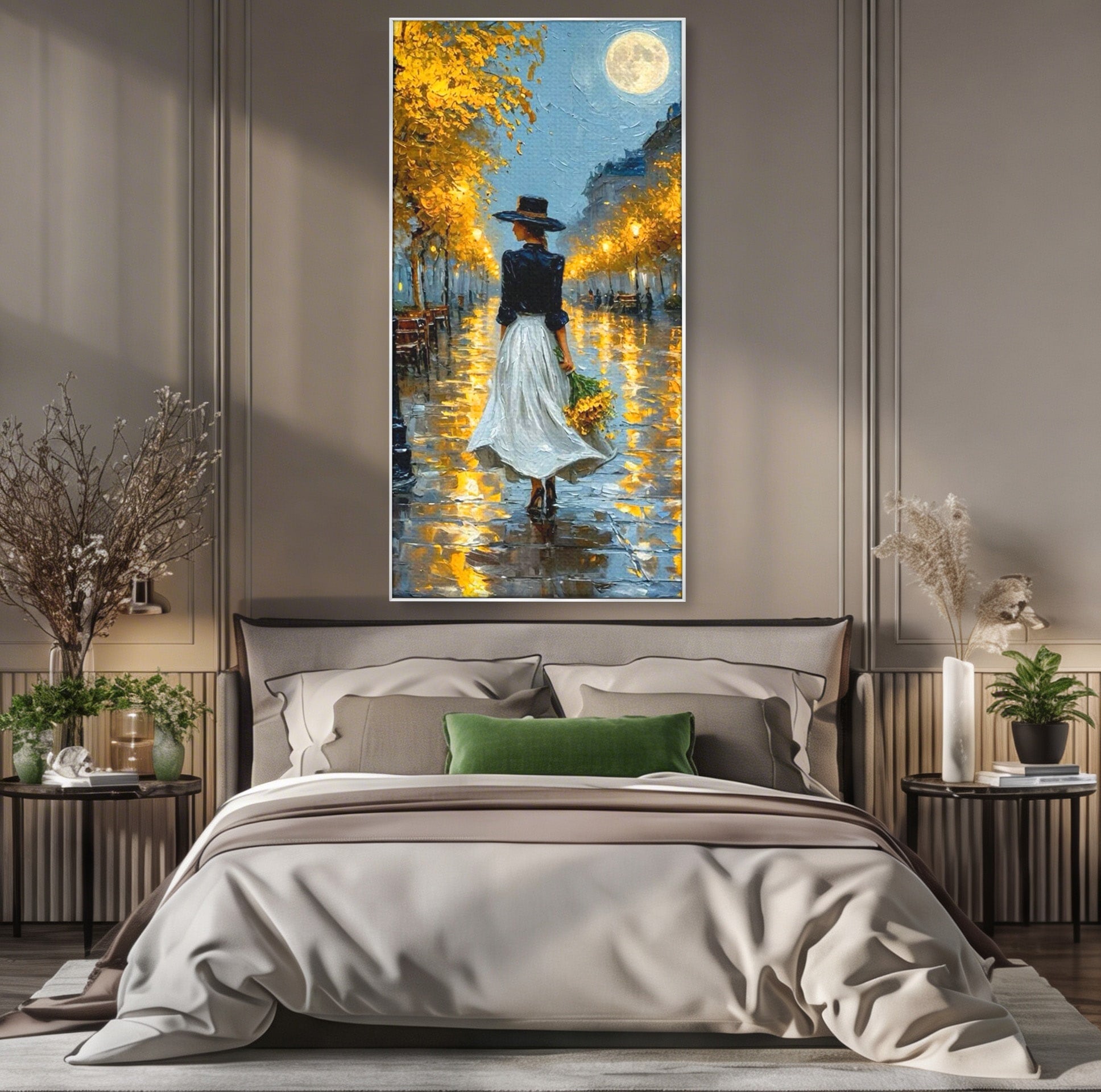 Tablou Canvas Premium LuxCanva® PI1149, Femeie Pe Strada Noaptea, Diafan, Plimbare, Alee, Romantic, Living, Toamna, Culori Vibrante