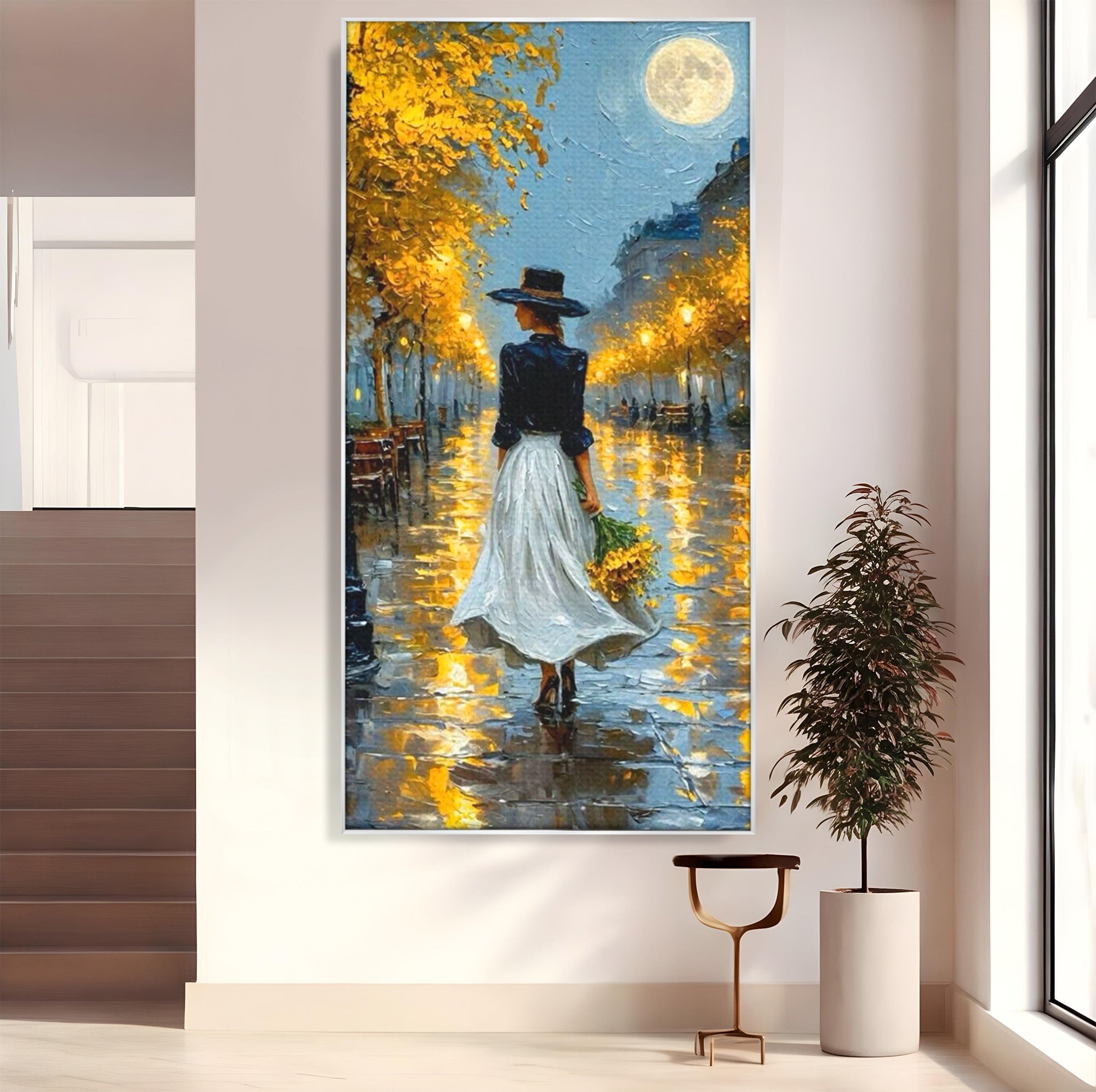 Tablou Canvas Premium LuxCanva® PI1149, Femeie Pe Strada Noaptea, Diafan, Plimbare, Alee, Romantic, Living, Toamna, Culori Vibrante