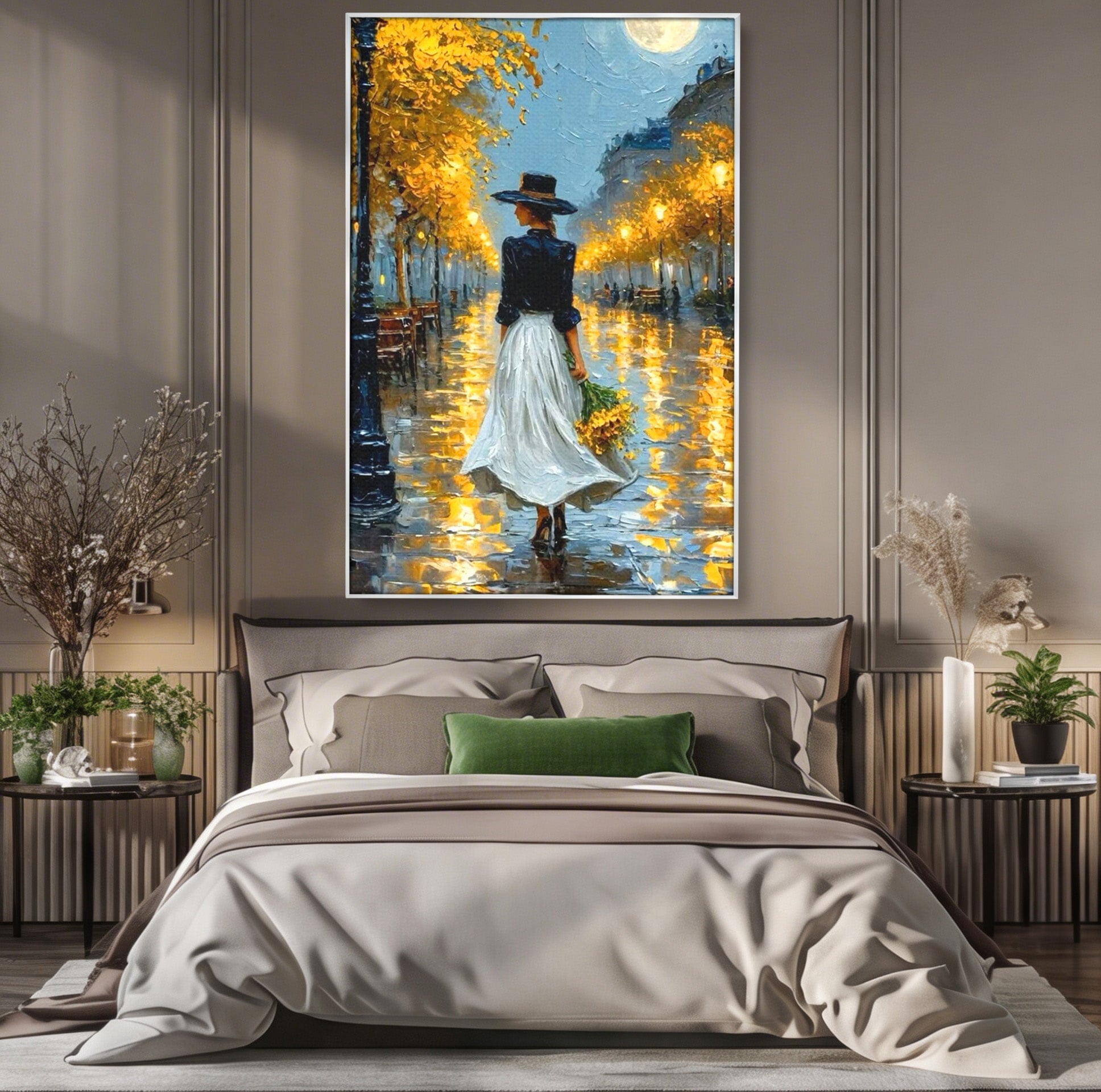 Tablou Canvas Premium LuxCanva® PI1149, Femeie Pe Strada Noaptea, Diafan, Plimbare, Alee, Romantic, Living, Toamna, Culori Vibrante