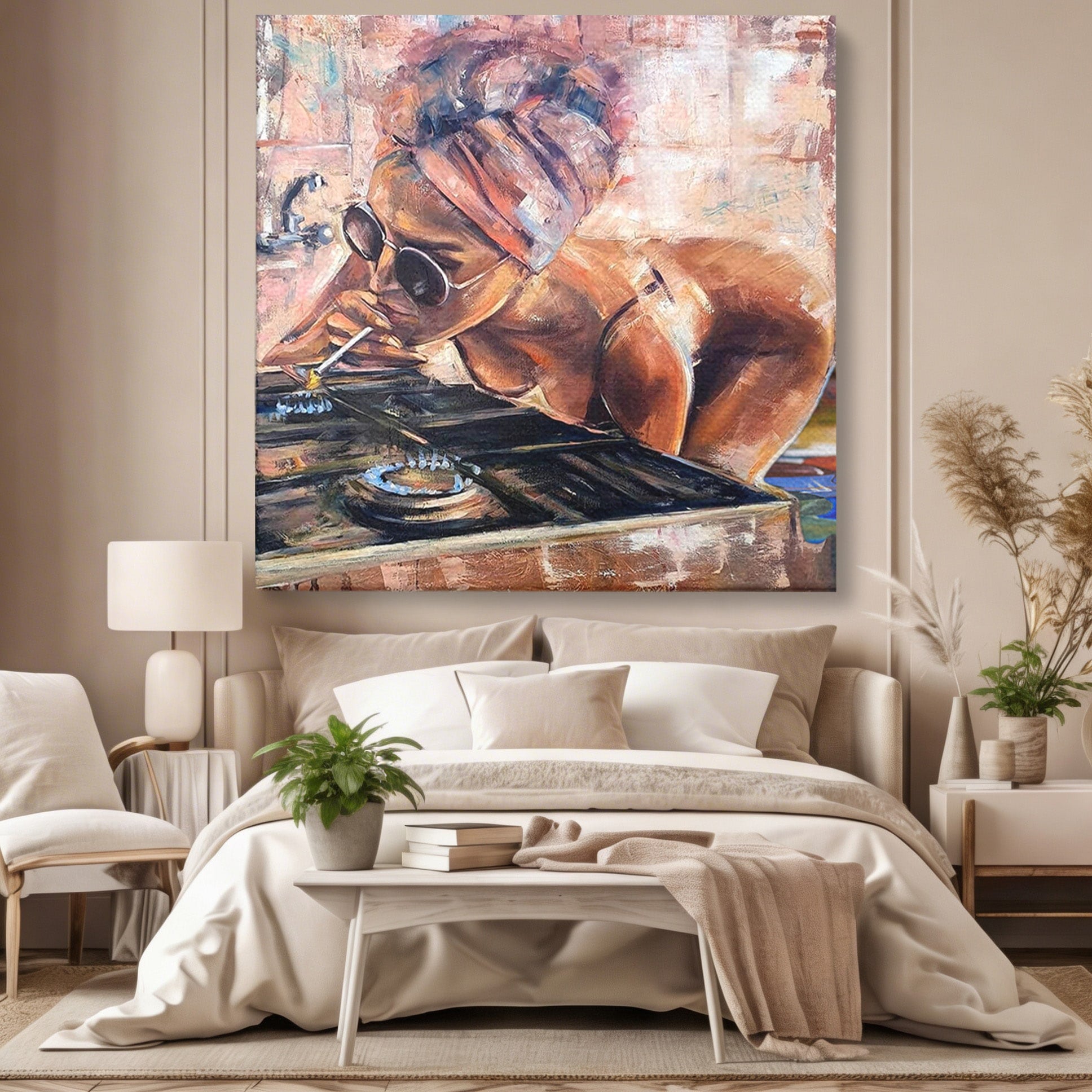 Tablou Canvas Premium LuxCanva® PI1150, Femeie Cu Ochelari De Soare, Sexy, Tigara, Arta, Moderna, Foc, Living, Culori Vibrante