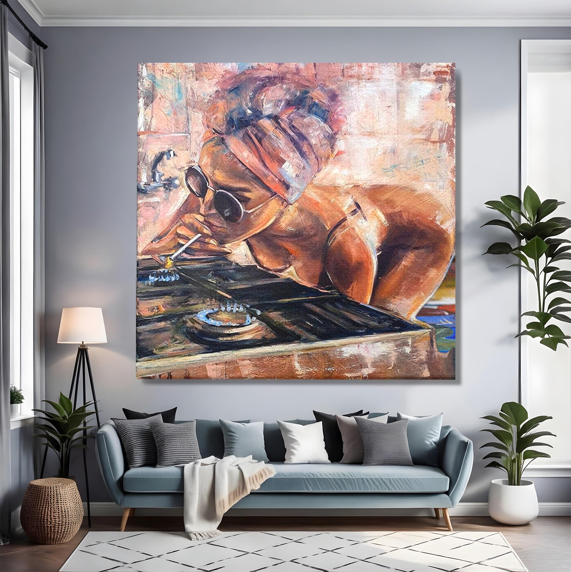 Tablou Canvas Premium LuxCanva® PI1150, Femeie Cu Ochelari De Soare, Sexy, Tigara, Arta, Moderna, Foc, Living, Culori Vibrante