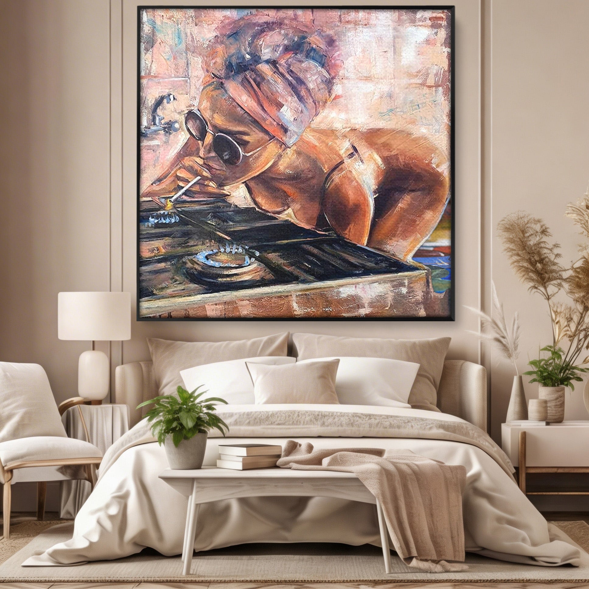 Tablou Canvas Premium LuxCanva® PI1150, Femeie Cu Ochelari De Soare, Sexy, Tigara, Arta, Moderna, Foc, Living, Culori Vibrante