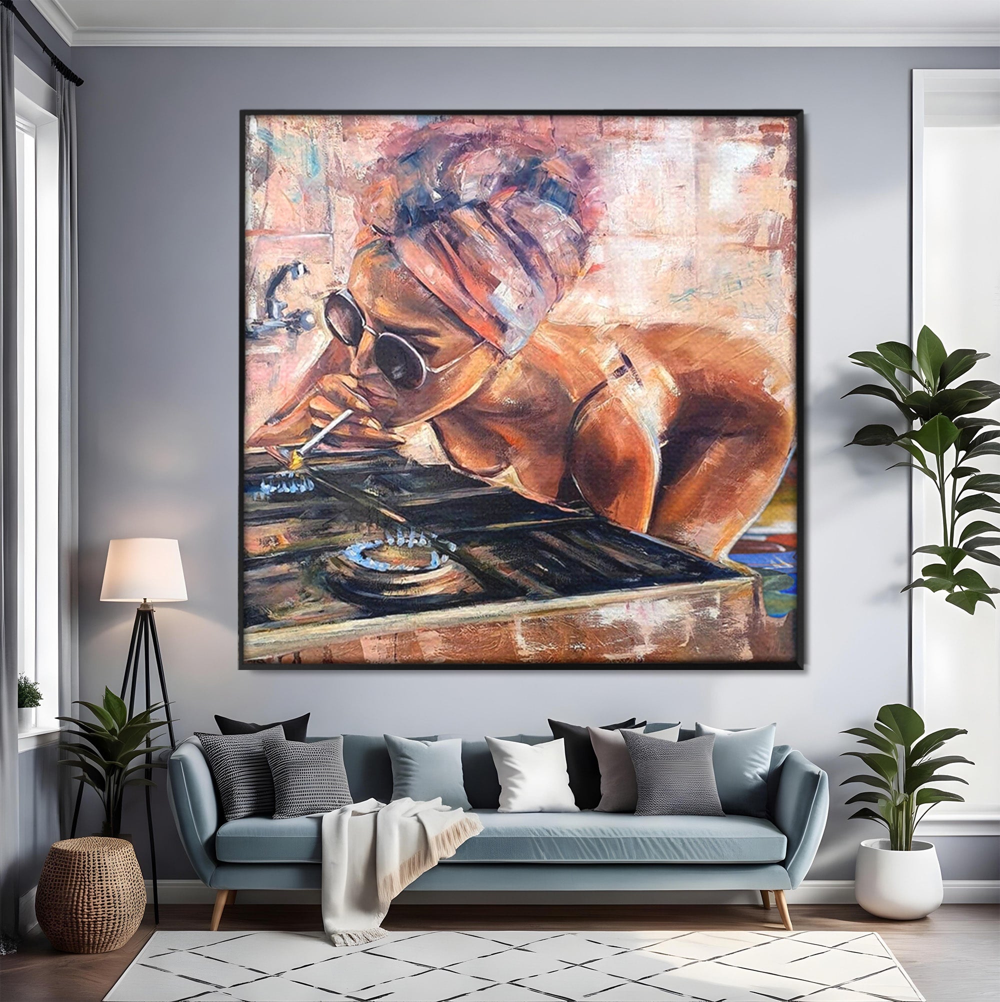Tablou Canvas Premium LuxCanva® PI1150, Femeie Cu Ochelari De Soare, Sexy, Tigara, Arta, Moderna, Foc, Living, Culori Vibrante