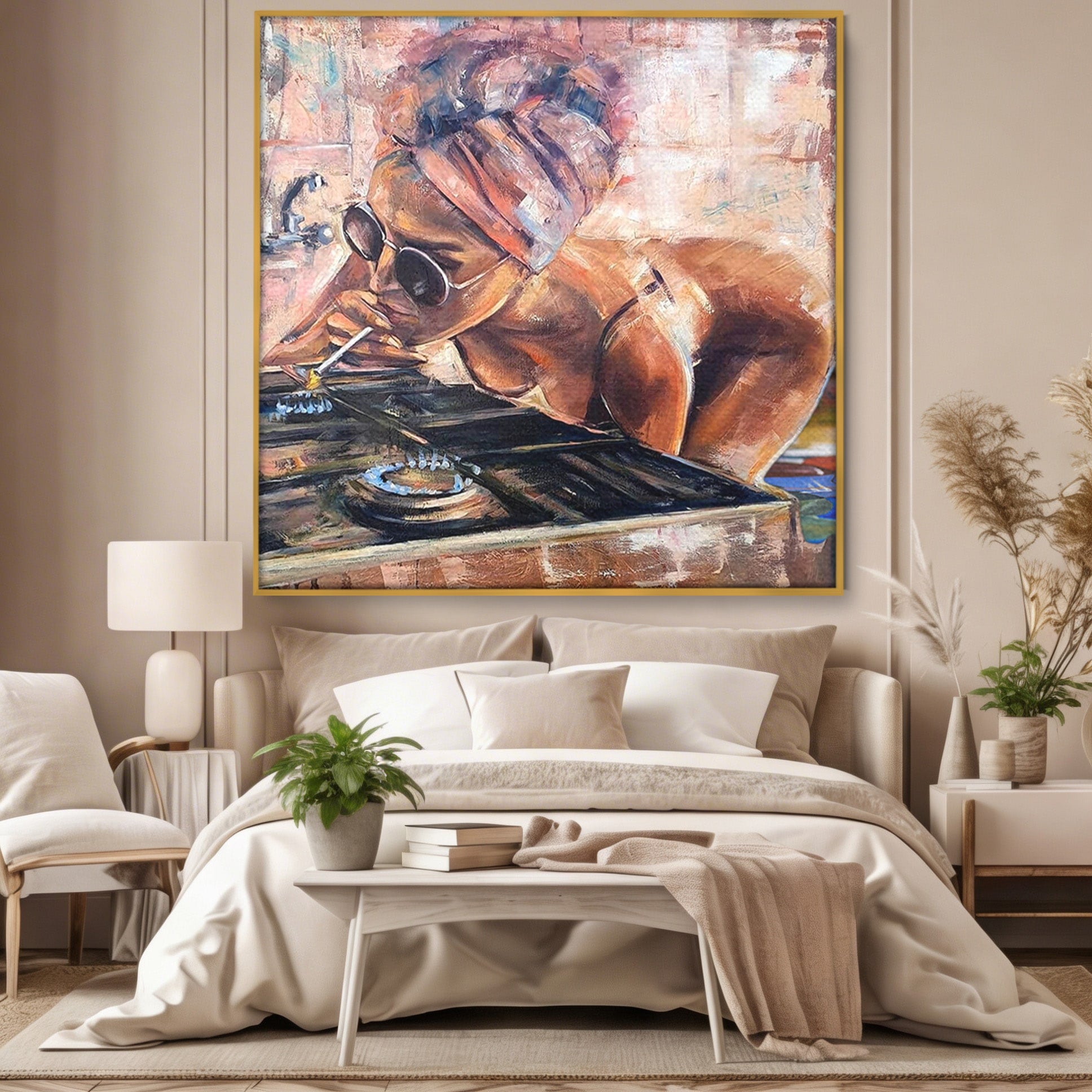 Tablou Canvas Premium LuxCanva® PI1150, Femeie Cu Ochelari De Soare, Sexy, Tigara, Arta, Moderna, Foc, Living, Culori Vibrante