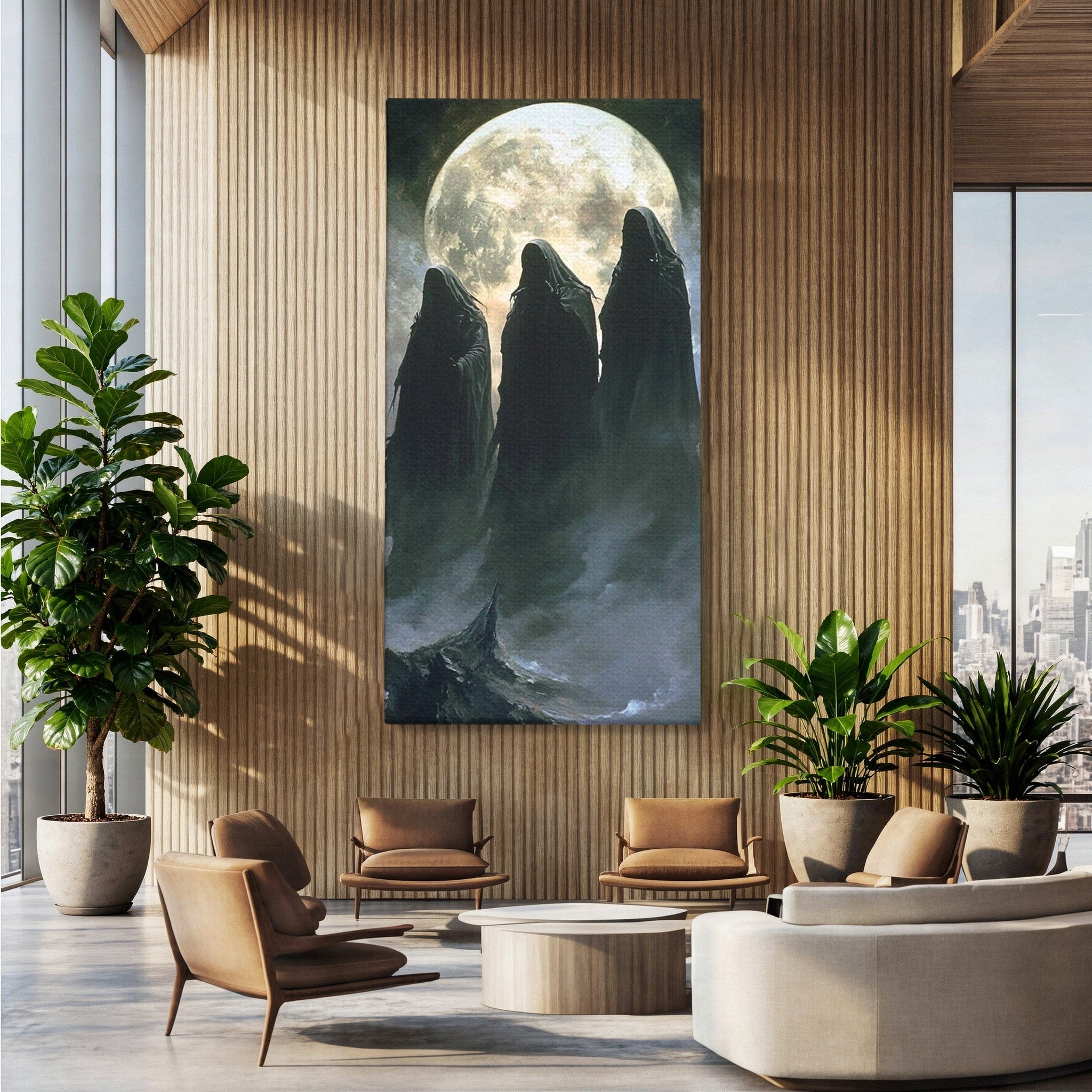 Tablou Canvas Premium LuxCanva® PI1151, Umbre Sub Luna Plina, Fantasy, Cavaleri, Negru, Noapte, Dormitor, Culori Vibrante