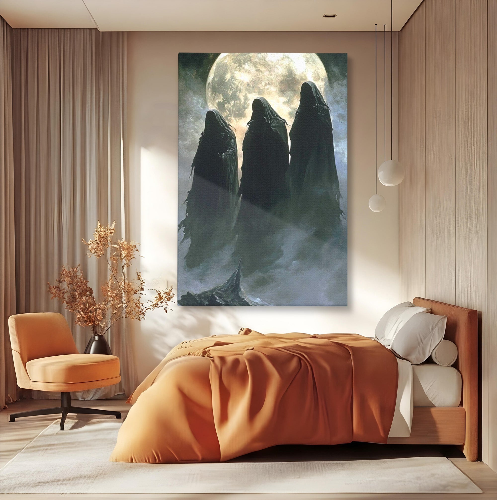 Tablou Canvas Premium LuxCanva® PI1151, Umbre Sub Luna Plina, Fantasy, Cavaleri, Negru, Noapte, Dormitor, Culori Vibrante