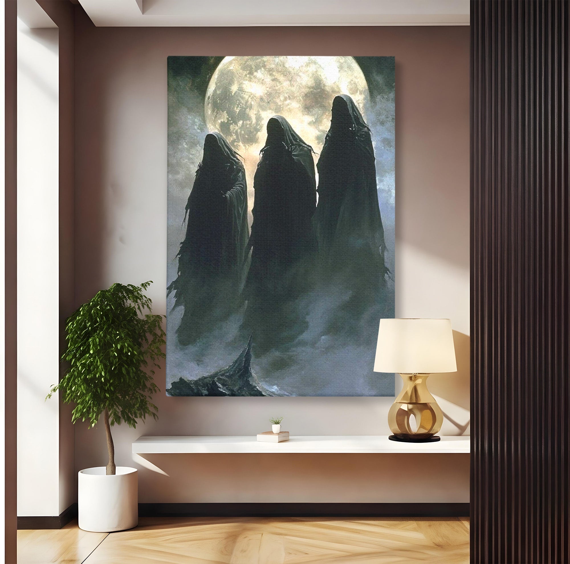Tablou Canvas Premium LuxCanva® PI1151, Umbre Sub Luna Plina, Fantasy, Cavaleri, Negru, Noapte, Dormitor, Culori Vibrante