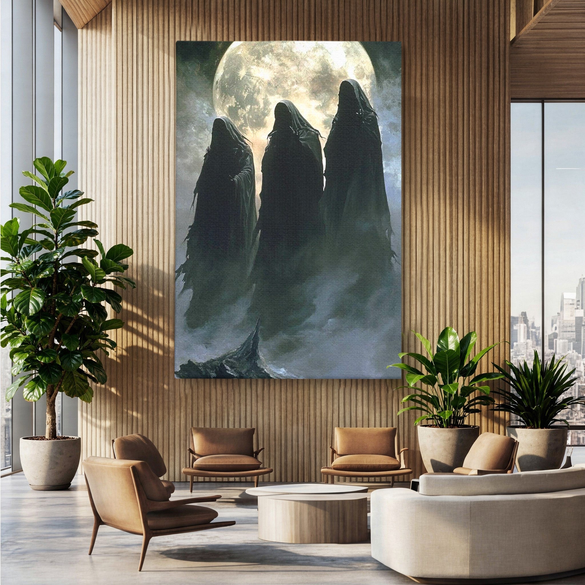 Tablou Canvas Premium LuxCanva® PI1151, Umbre Sub Luna Plina, Fantasy, Cavaleri, Negru, Noapte, Dormitor, Culori Vibrante