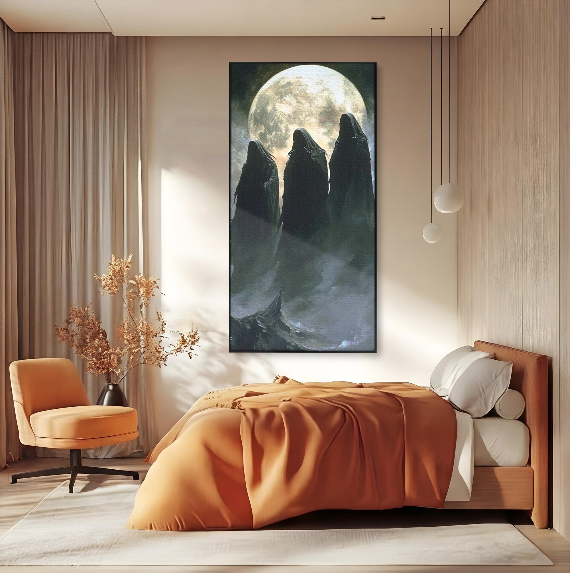 Tablou Canvas Premium LuxCanva® PI1151, Umbre Sub Luna Plina, Fantasy, Cavaleri, Negru, Noapte, Dormitor, Culori Vibrante