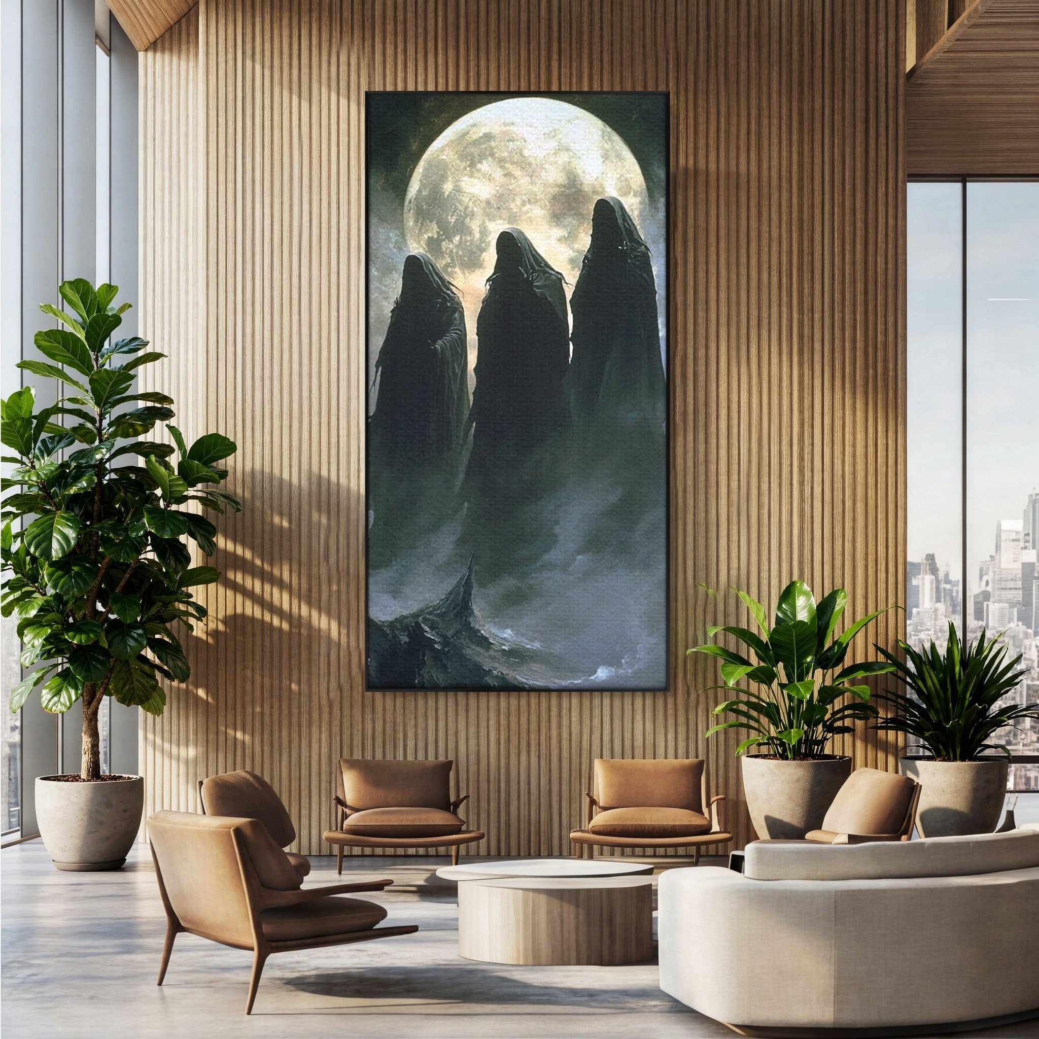 Tablou Canvas Premium LuxCanva® PI1151, Umbre Sub Luna Plina, Fantasy, Cavaleri, Negru, Noapte, Dormitor, Culori Vibrante