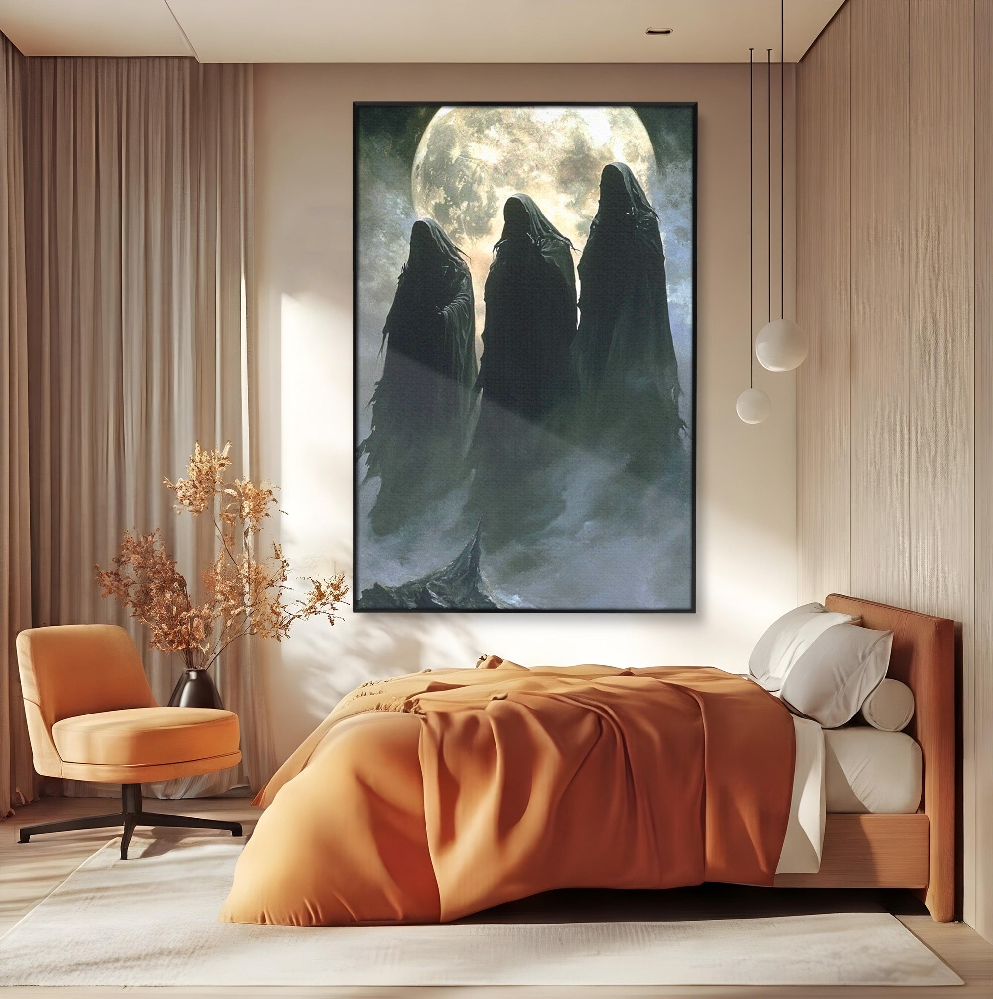 Tablou Canvas Premium LuxCanva® PI1151, Umbre Sub Luna Plina, Fantasy, Cavaleri, Negru, Noapte, Dormitor, Culori Vibrante
