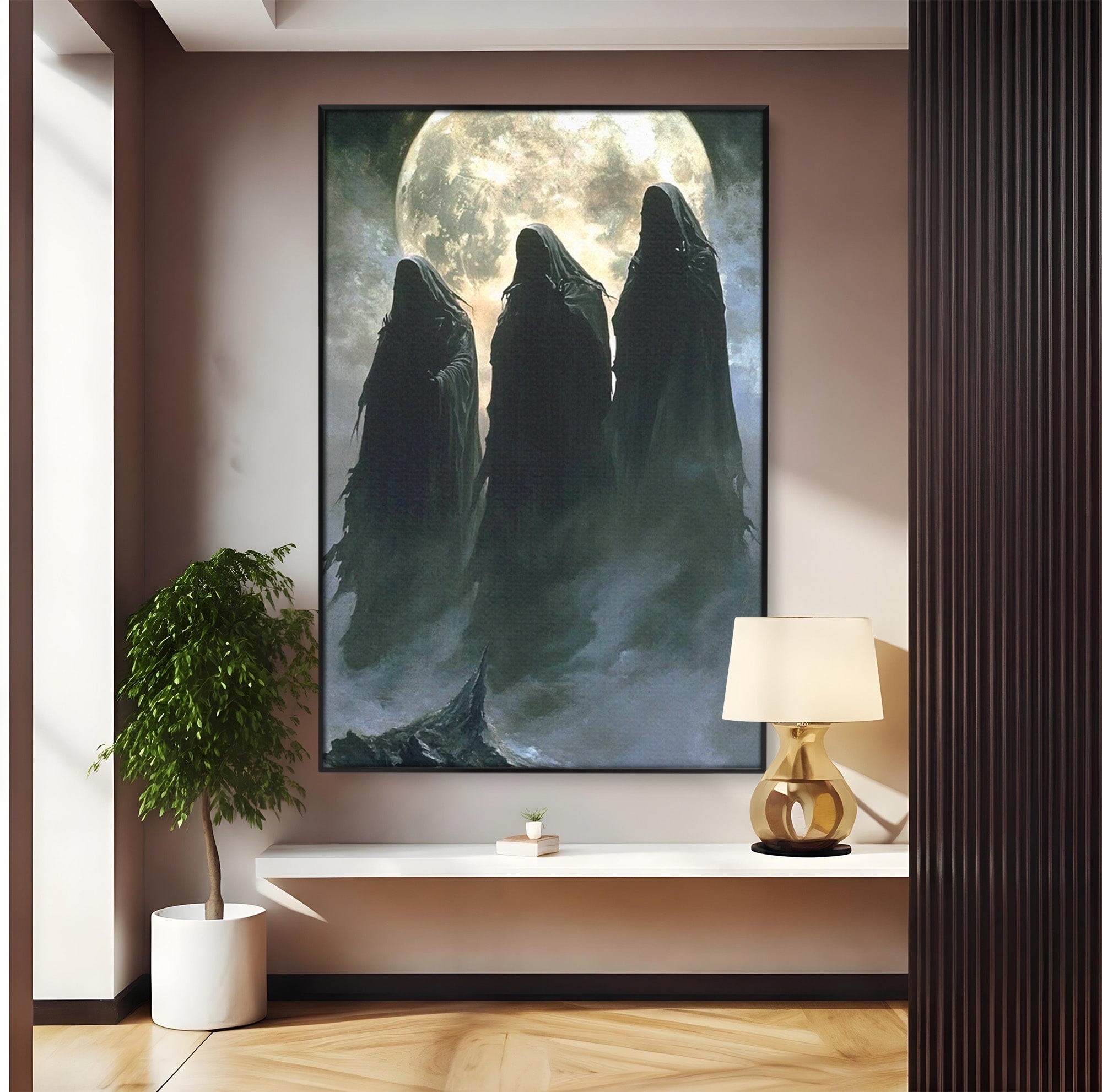 Tablou Canvas Premium LuxCanva® PI1151, Umbre Sub Luna Plina, Fantasy, Cavaleri, Negru, Noapte, Dormitor, Culori Vibrante