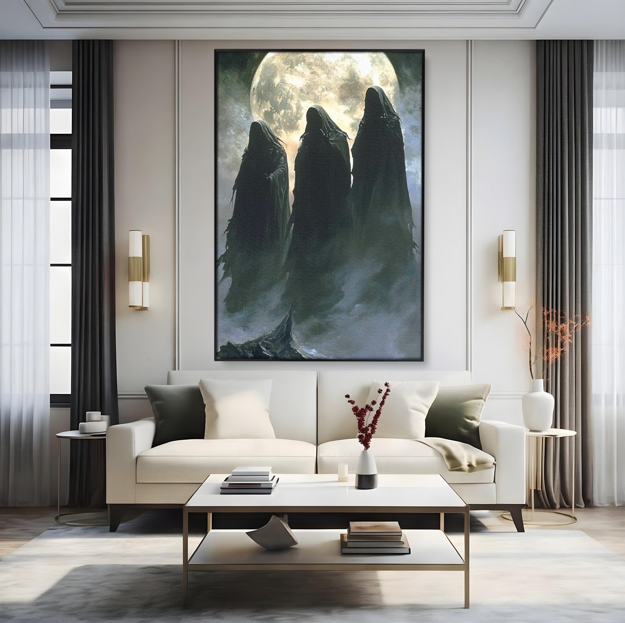 Tablou Canvas Premium LuxCanva® PI1151, Umbre Sub Luna Plina, Fantasy, Cavaleri, Negru, Noapte, Dormitor, Culori Vibrante
