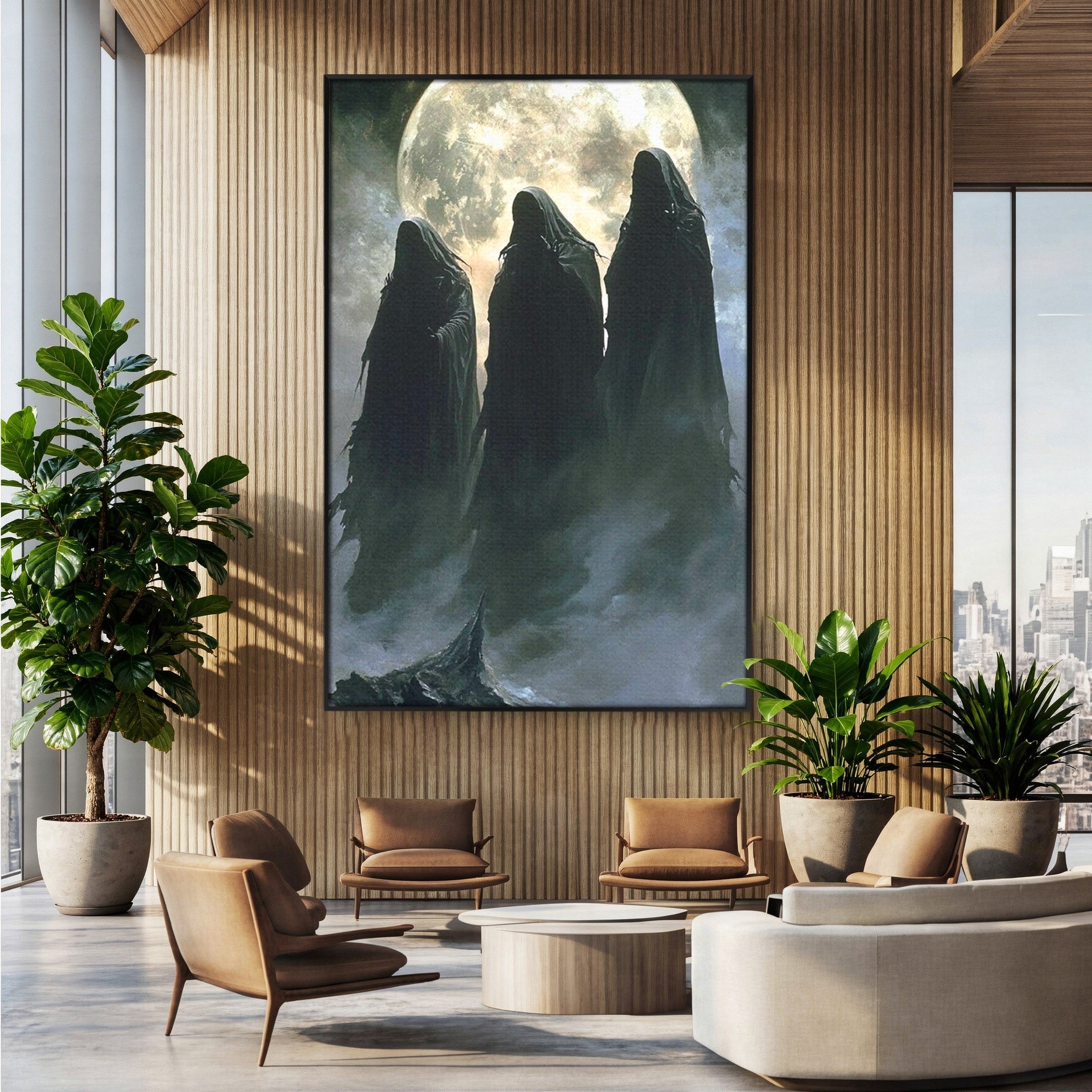 Tablou Canvas Premium LuxCanva® PI1151, Umbre Sub Luna Plina, Fantasy, Cavaleri, Negru, Noapte, Dormitor, Culori Vibrante