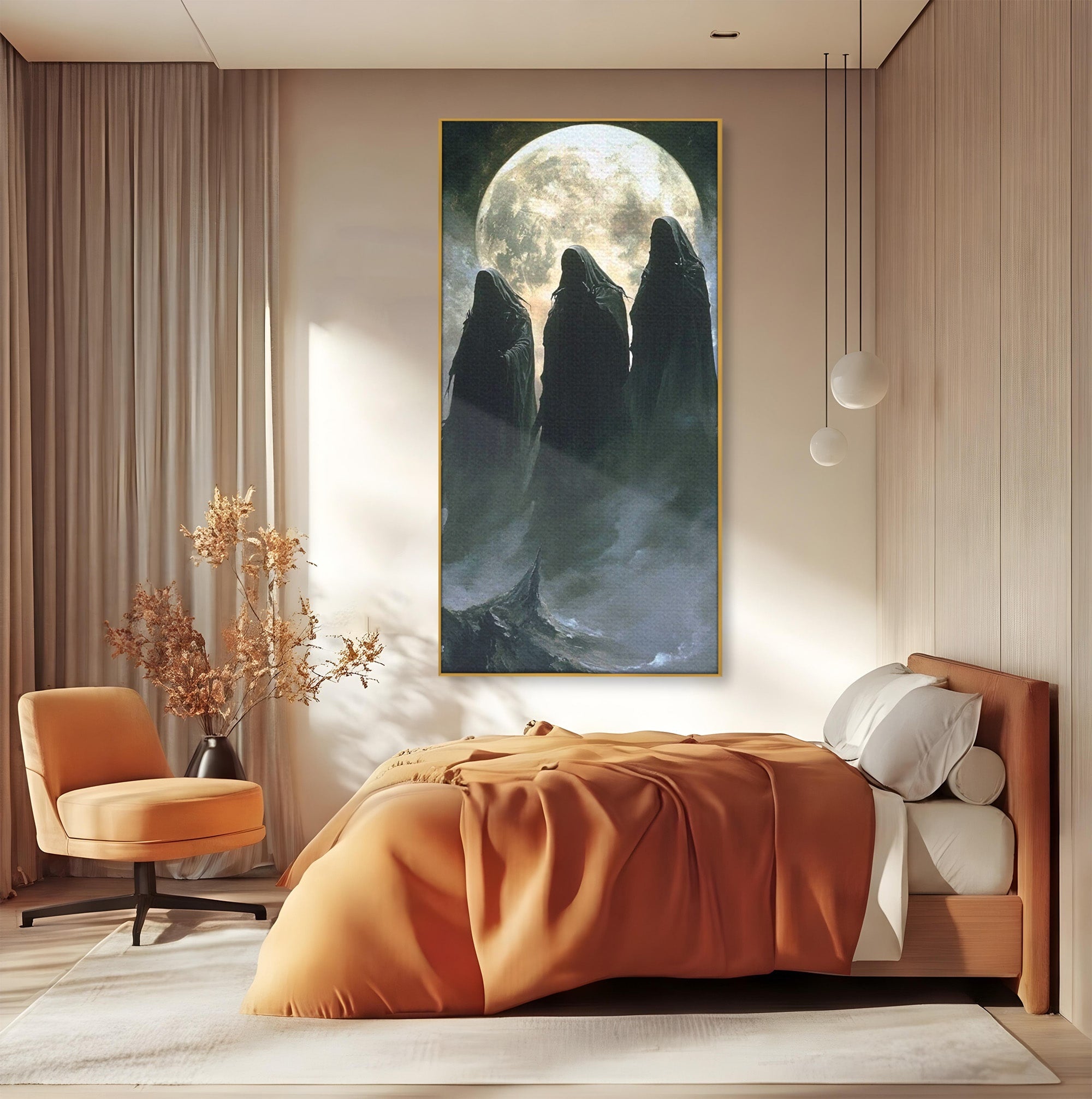 Tablou Canvas Premium LuxCanva® PI1151, Umbre Sub Luna Plina, Fantasy, Cavaleri, Negru, Noapte, Dormitor, Culori Vibrante