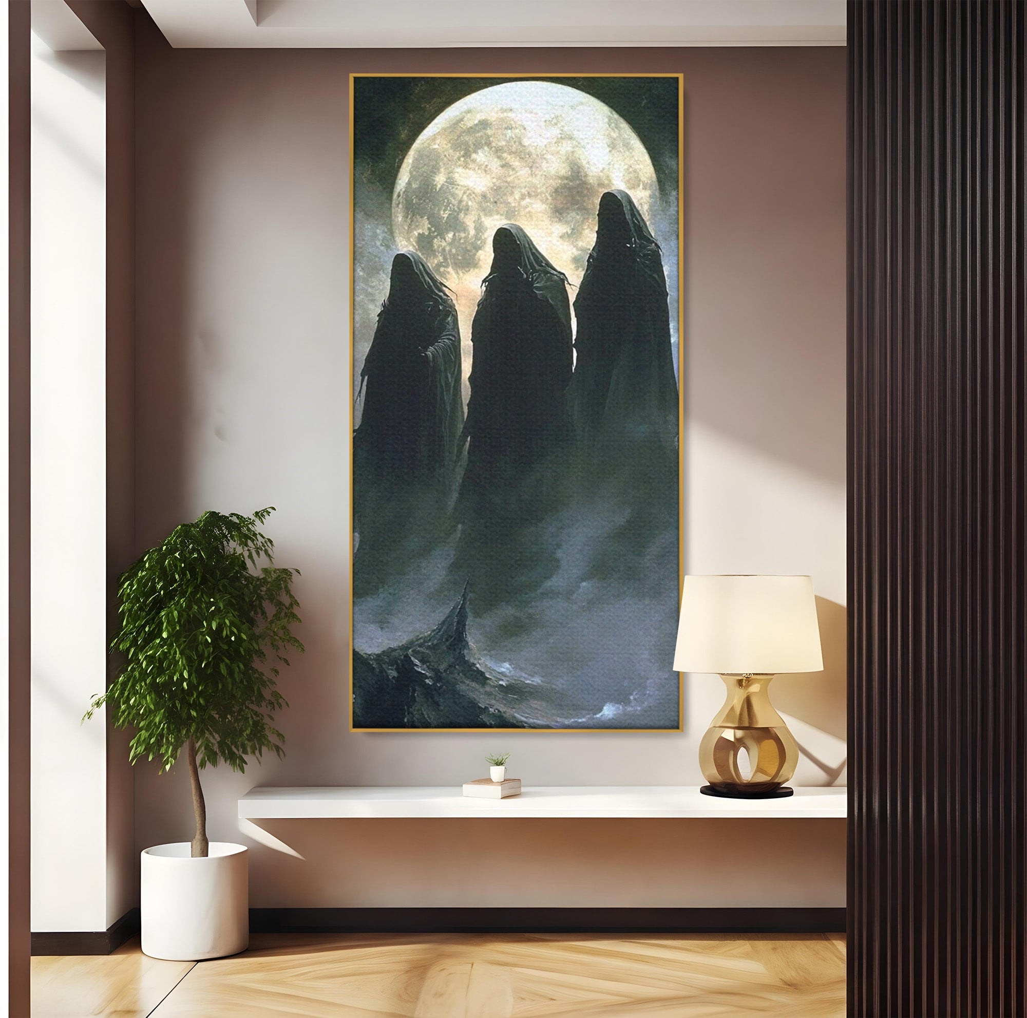Tablou Canvas Premium LuxCanva® PI1151, Umbre Sub Luna Plina, Fantasy, Cavaleri, Negru, Noapte, Dormitor, Culori Vibrante