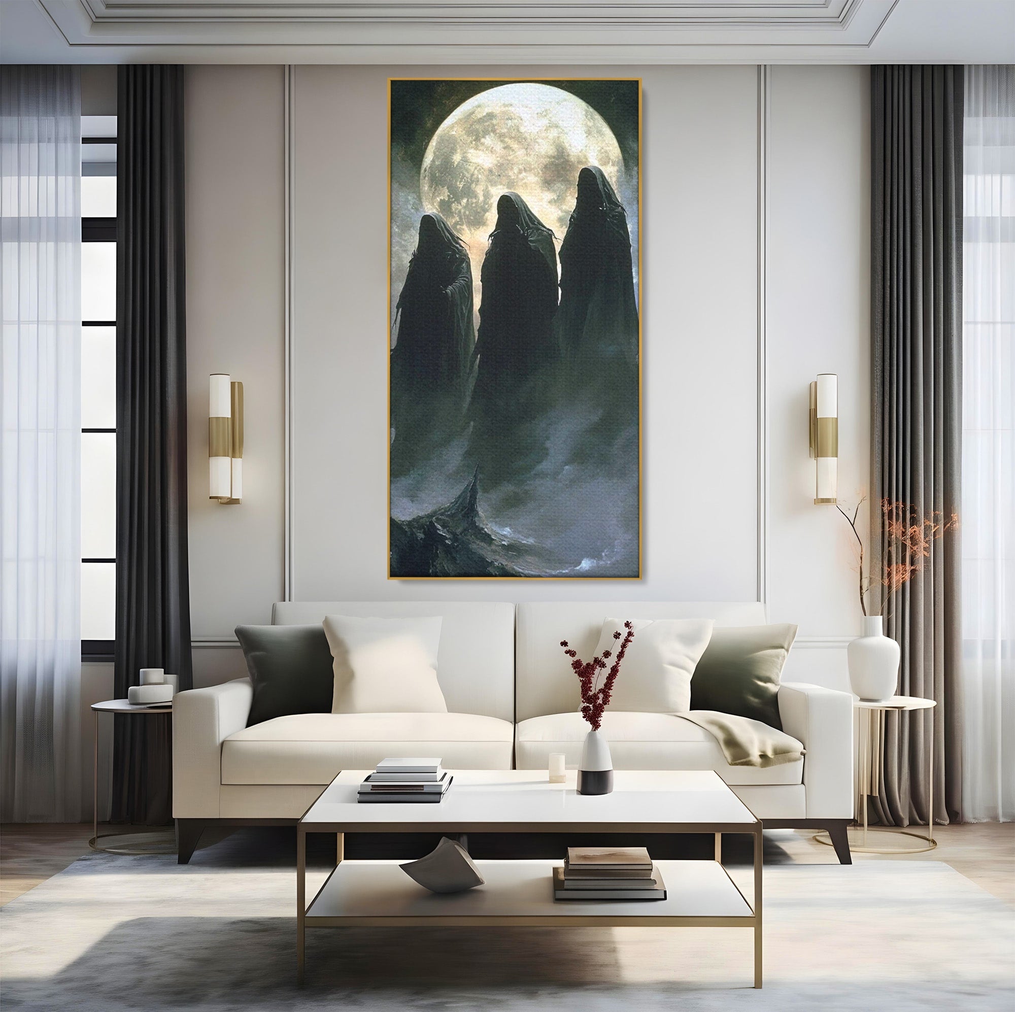 Tablou Canvas Premium LuxCanva® PI1151, Umbre Sub Luna Plina, Fantasy, Cavaleri, Negru, Noapte, Dormitor, Culori Vibrante