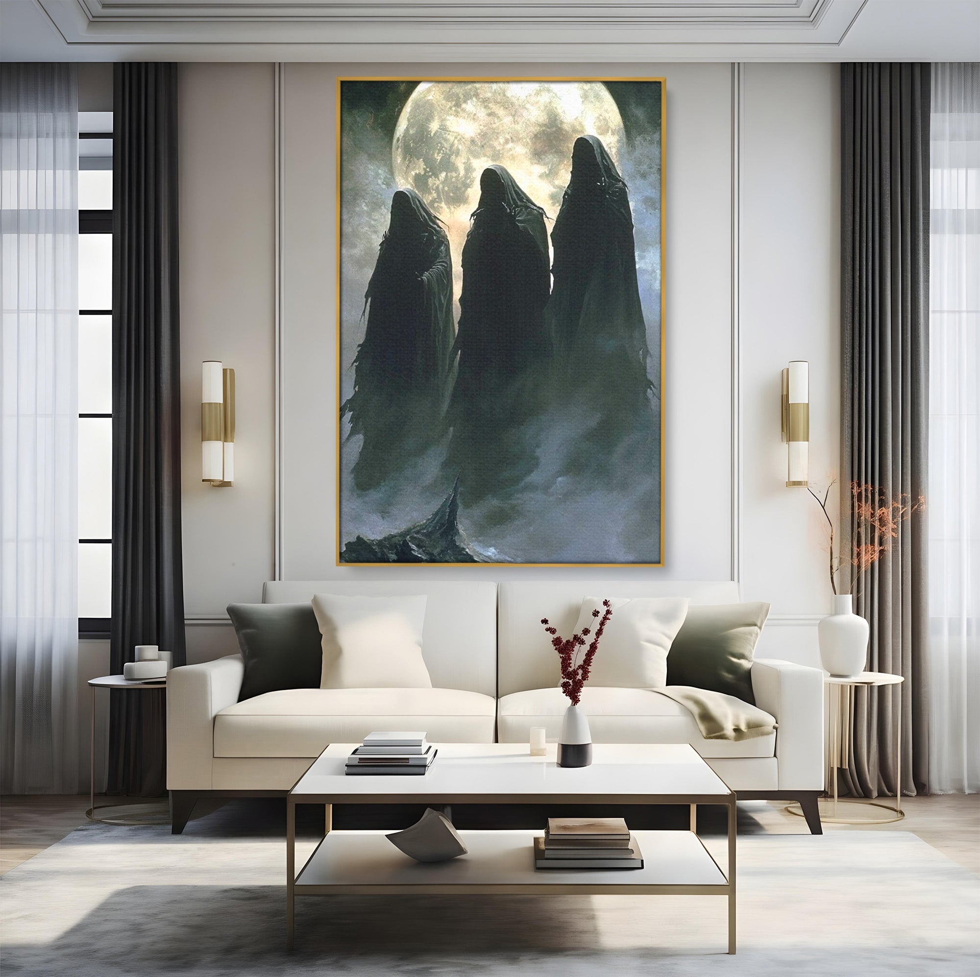 Tablou Canvas Premium LuxCanva® PI1151, Umbre Sub Luna Plina, Fantasy, Cavaleri, Negru, Noapte, Dormitor, Culori Vibrante