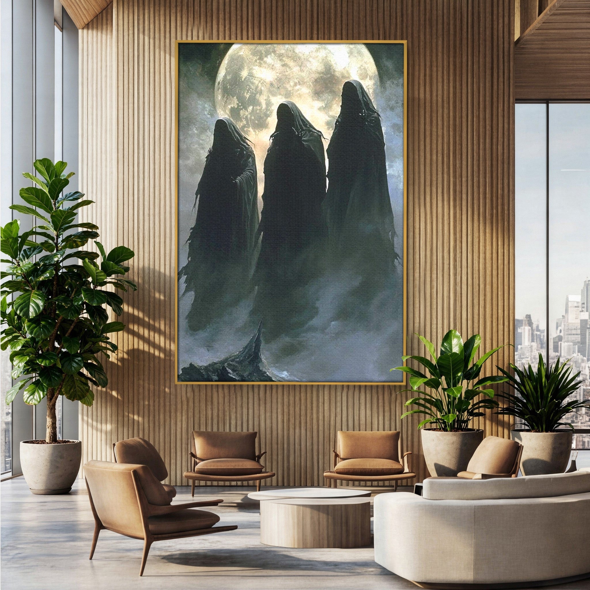 Tablou Canvas Premium LuxCanva® PI1151, Umbre Sub Luna Plina, Fantasy, Cavaleri, Negru, Noapte, Dormitor, Culori Vibrante