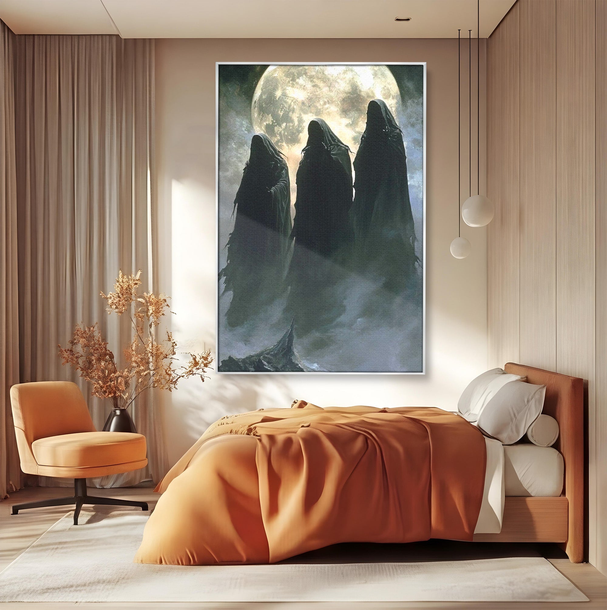 Tablou Canvas Premium LuxCanva® PI1151, Umbre Sub Luna Plina, Fantasy, Cavaleri, Negru, Noapte, Dormitor, Culori Vibrante