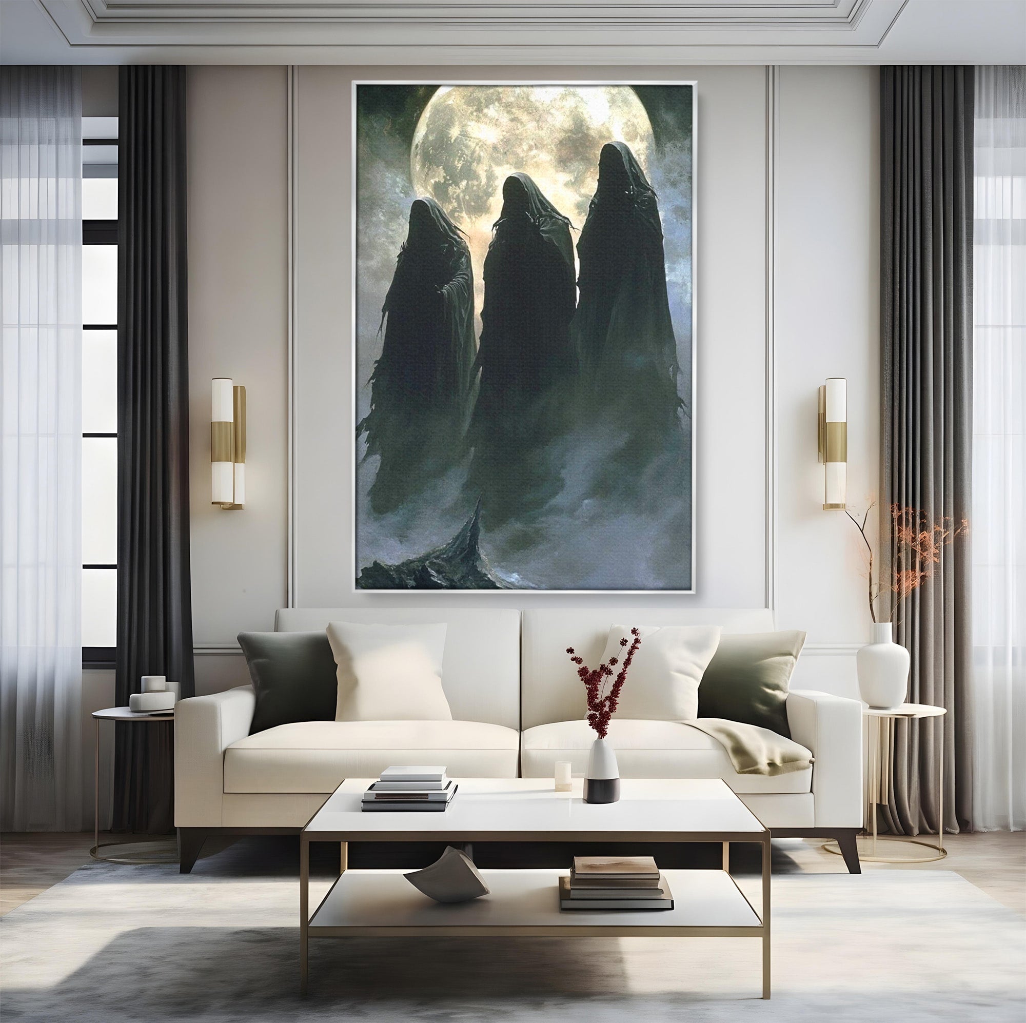 Tablou Canvas Premium LuxCanva® PI1151, Umbre Sub Luna Plina, Fantasy, Cavaleri, Negru, Noapte, Dormitor, Culori Vibrante