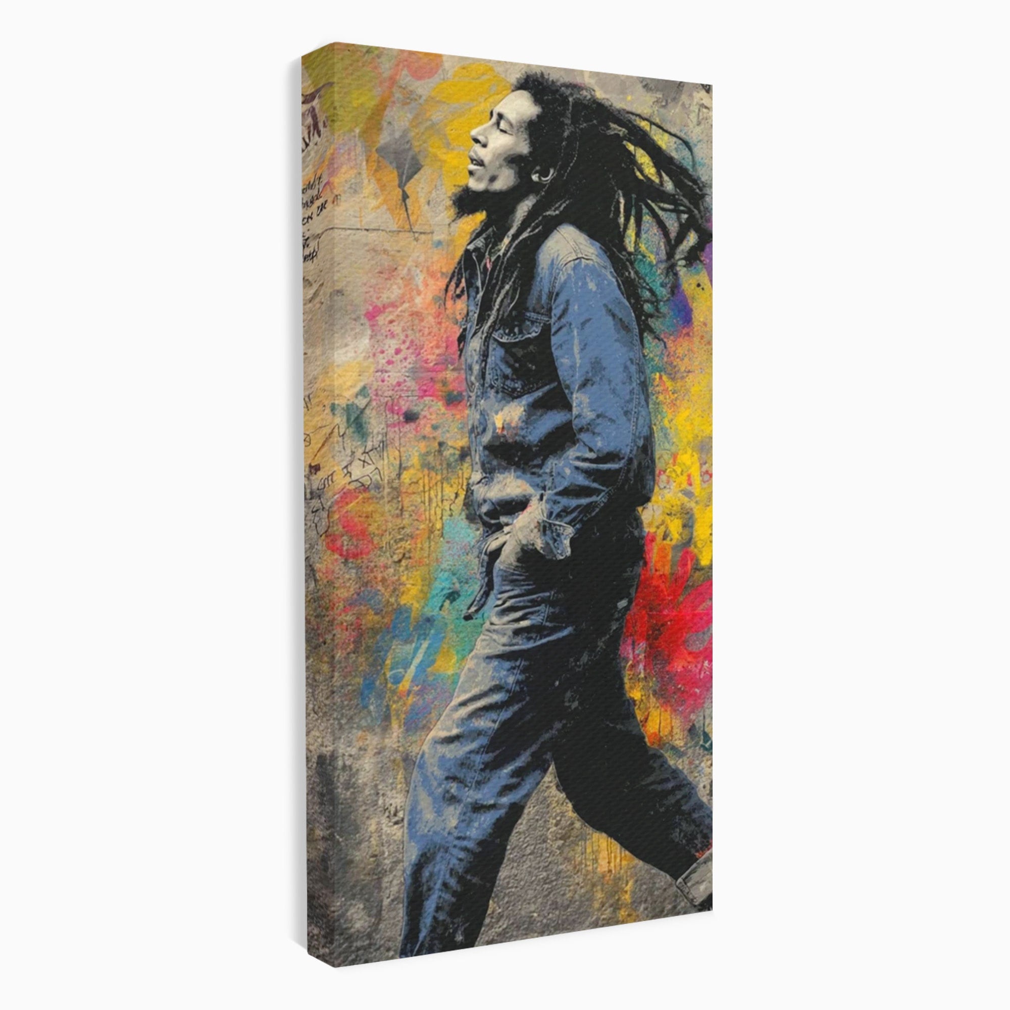 Tablou Canvas Premium LuxCanva® PI1153, Muzician Reggae In Miscare, Bob Marley, Impletituri, Arta Urbana, Vedeta, Living, Culori Vibrante