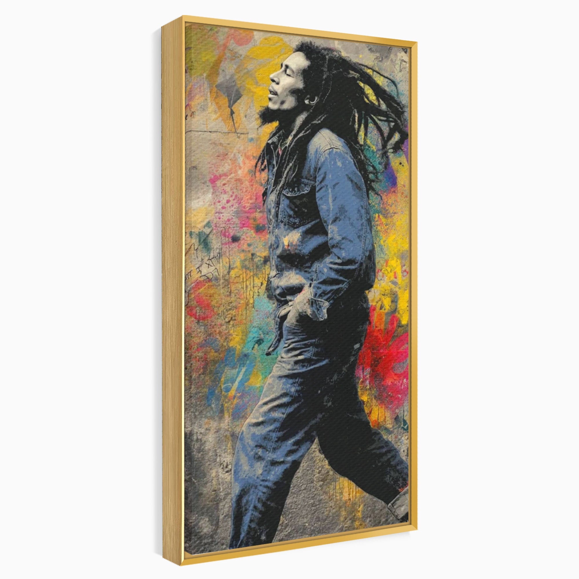 Tablou Canvas Premium LuxCanva® PI1153, Muzician Reggae In Miscare, Bob Marley, Impletituri, Arta Urbana, Vedeta, Living, Culori Vibrante