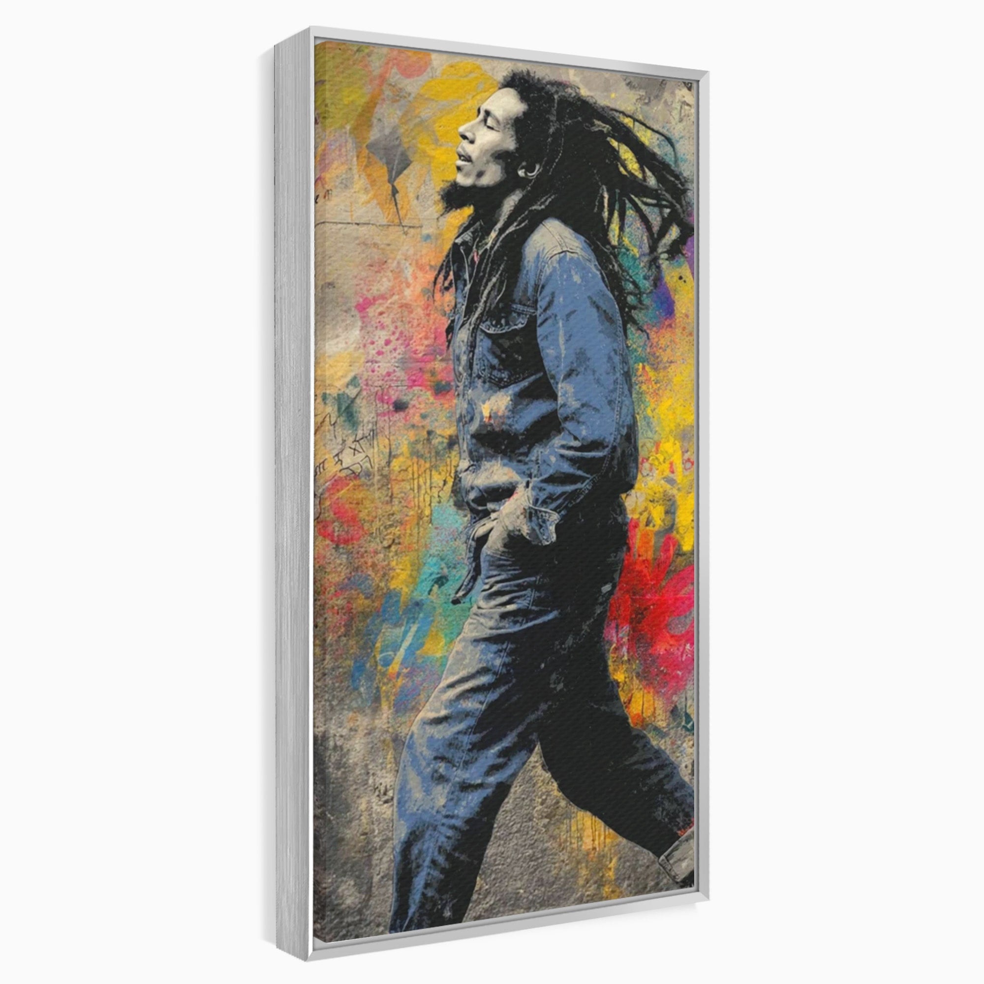 Tablou Canvas Premium LuxCanva® PI1153, Muzician Reggae In Miscare, Bob Marley, Impletituri, Arta Urbana, Vedeta, Living, Culori Vibrante