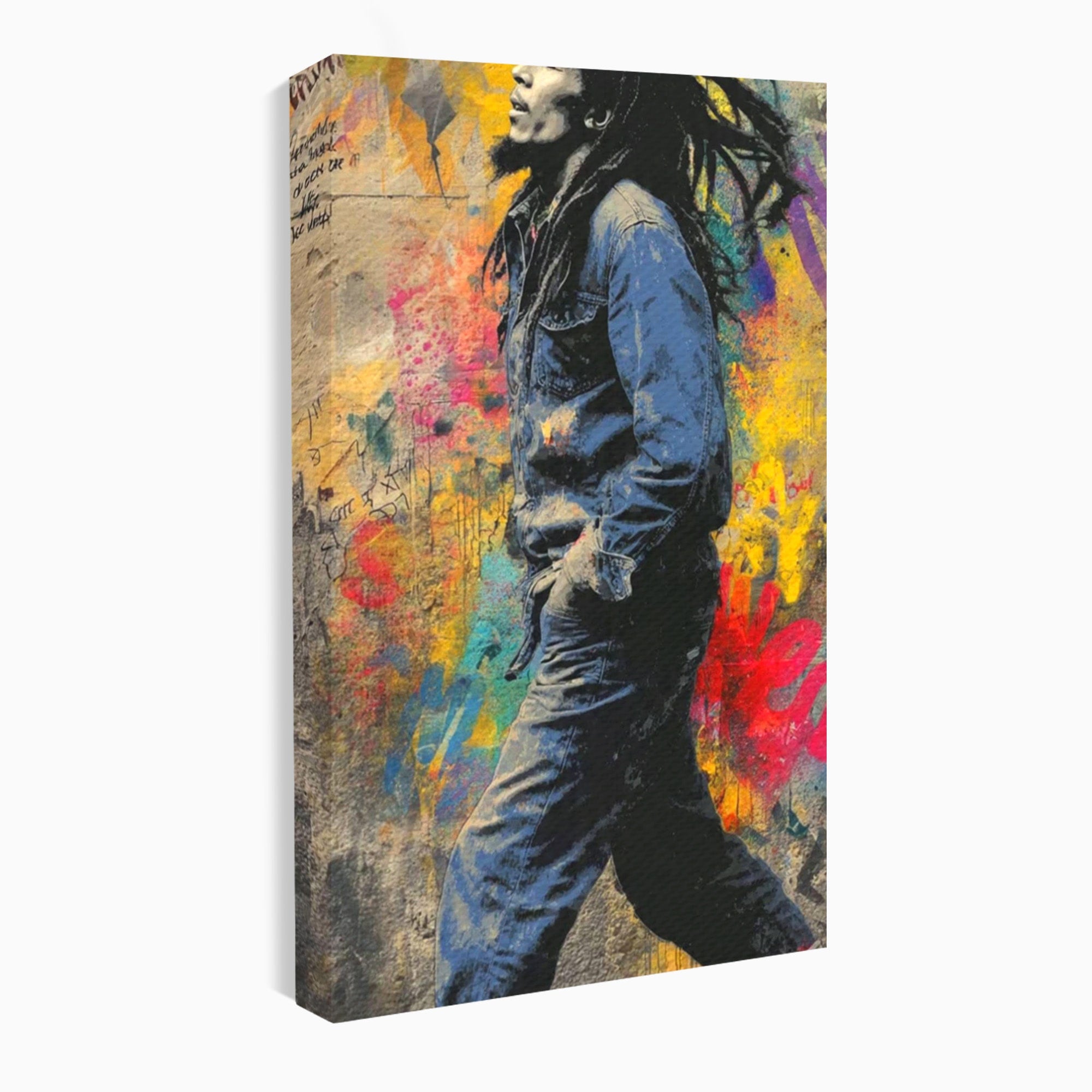 Tablou Canvas Premium LuxCanva® PI1153, Muzician Reggae In Miscare, Bob Marley, Impletituri, Arta Urbana, Vedeta, Living, Culori Vibrante