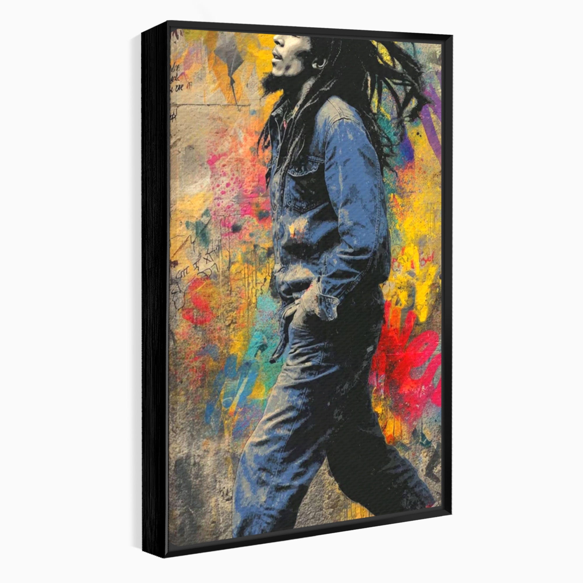 Tablou Canvas Premium LuxCanva® PI1153, Muzician Reggae In Miscare, Bob Marley, Impletituri, Arta Urbana, Vedeta, Living, Culori Vibrante
