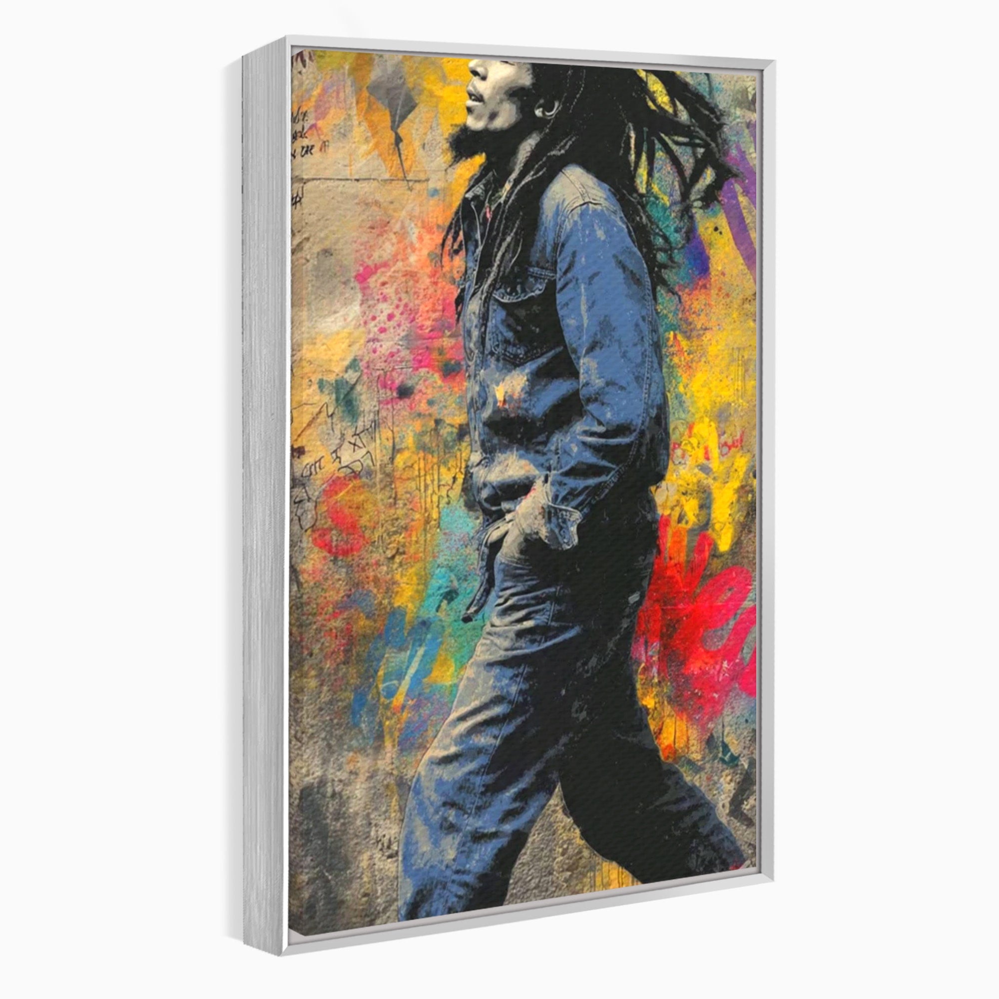 Tablou Canvas Premium LuxCanva® PI1153, Muzician Reggae In Miscare, Bob Marley, Impletituri, Arta Urbana, Vedeta, Living, Culori Vibrante