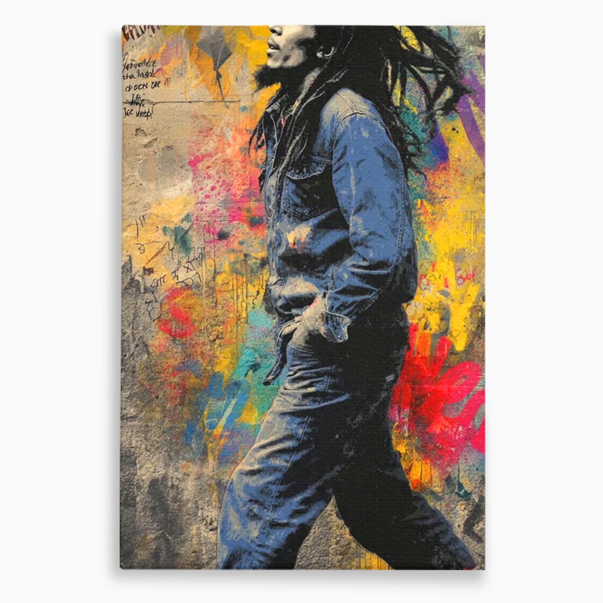 Tablou Canvas Premium LuxCanva® PI1153, Muzician Reggae In Miscare, Bob Marley, Impletituri, Arta Urbana, Vedeta, Living, Culori Vibrante