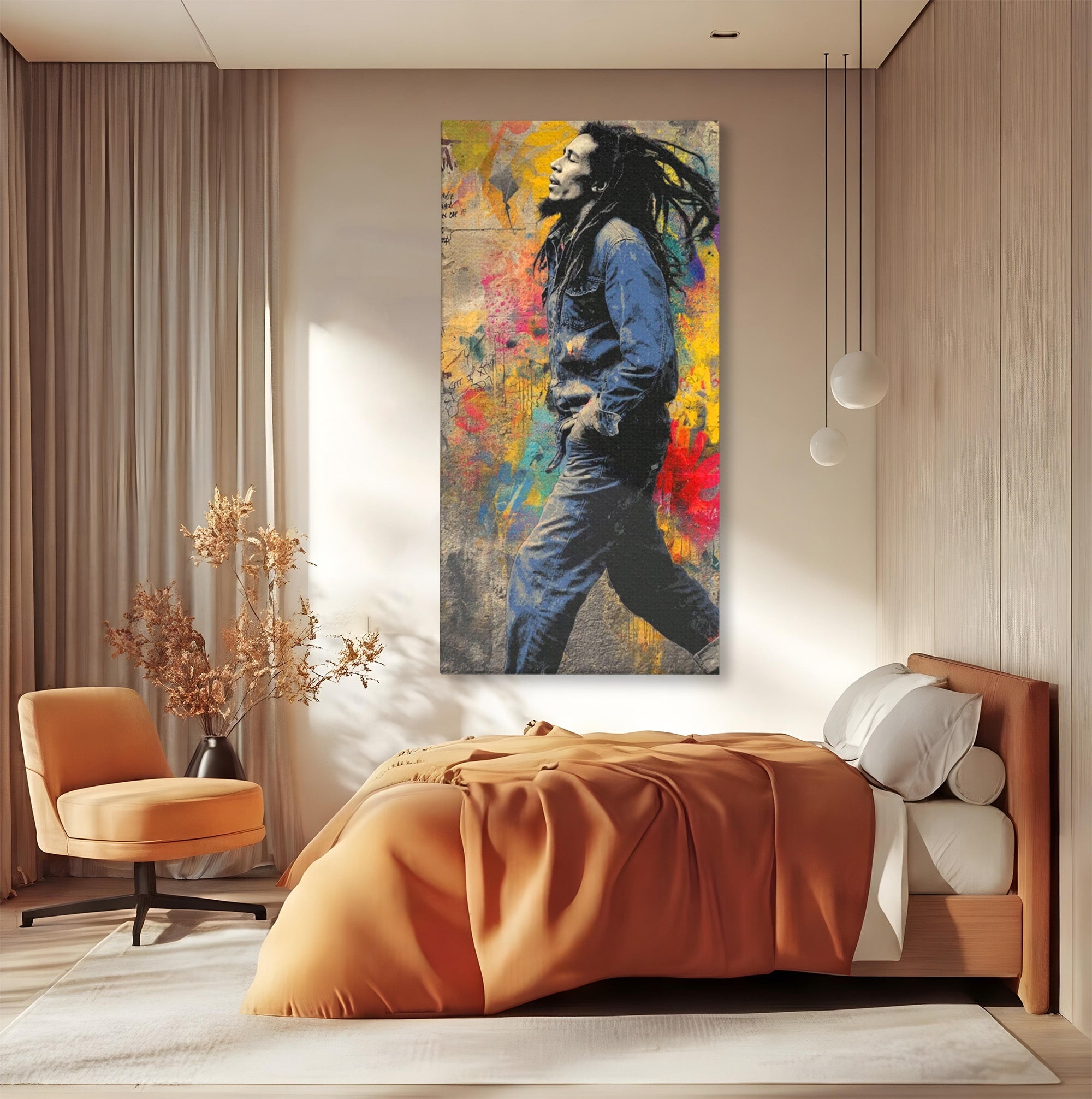 Tablou Canvas Premium LuxCanva® PI1153, Muzician Reggae In Miscare, Bob Marley, Impletituri, Arta Urbana, Vedeta, Living, Culori Vibrante