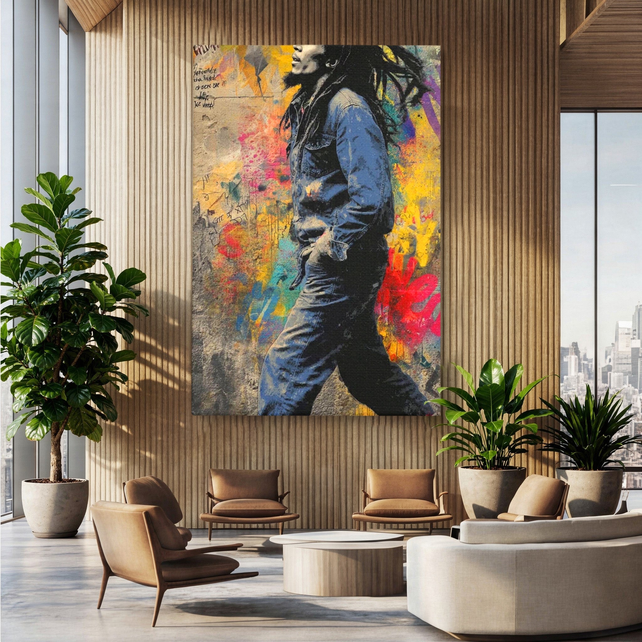 Tablou Canvas Premium LuxCanva® PI1153, Muzician Reggae In Miscare, Bob Marley, Impletituri, Arta Urbana, Vedeta, Living, Culori Vibrante