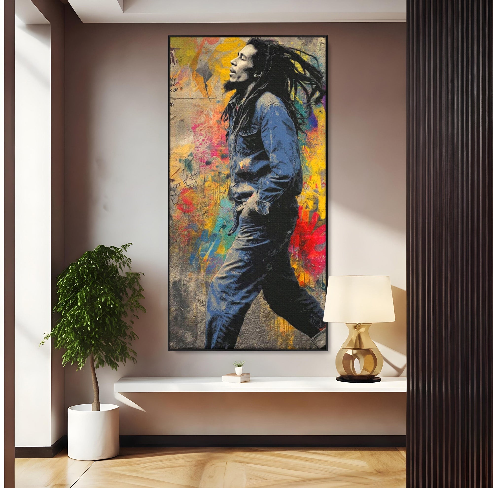 Tablou Canvas Premium LuxCanva® PI1153, Muzician Reggae In Miscare, Bob Marley, Impletituri, Arta Urbana, Vedeta, Living, Culori Vibrante