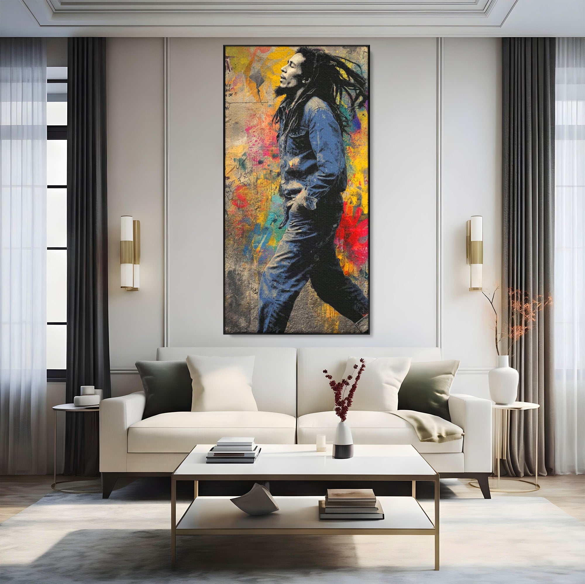 Tablou Canvas Premium LuxCanva® PI1153, Muzician Reggae In Miscare, Bob Marley, Impletituri, Arta Urbana, Vedeta, Living, Culori Vibrante