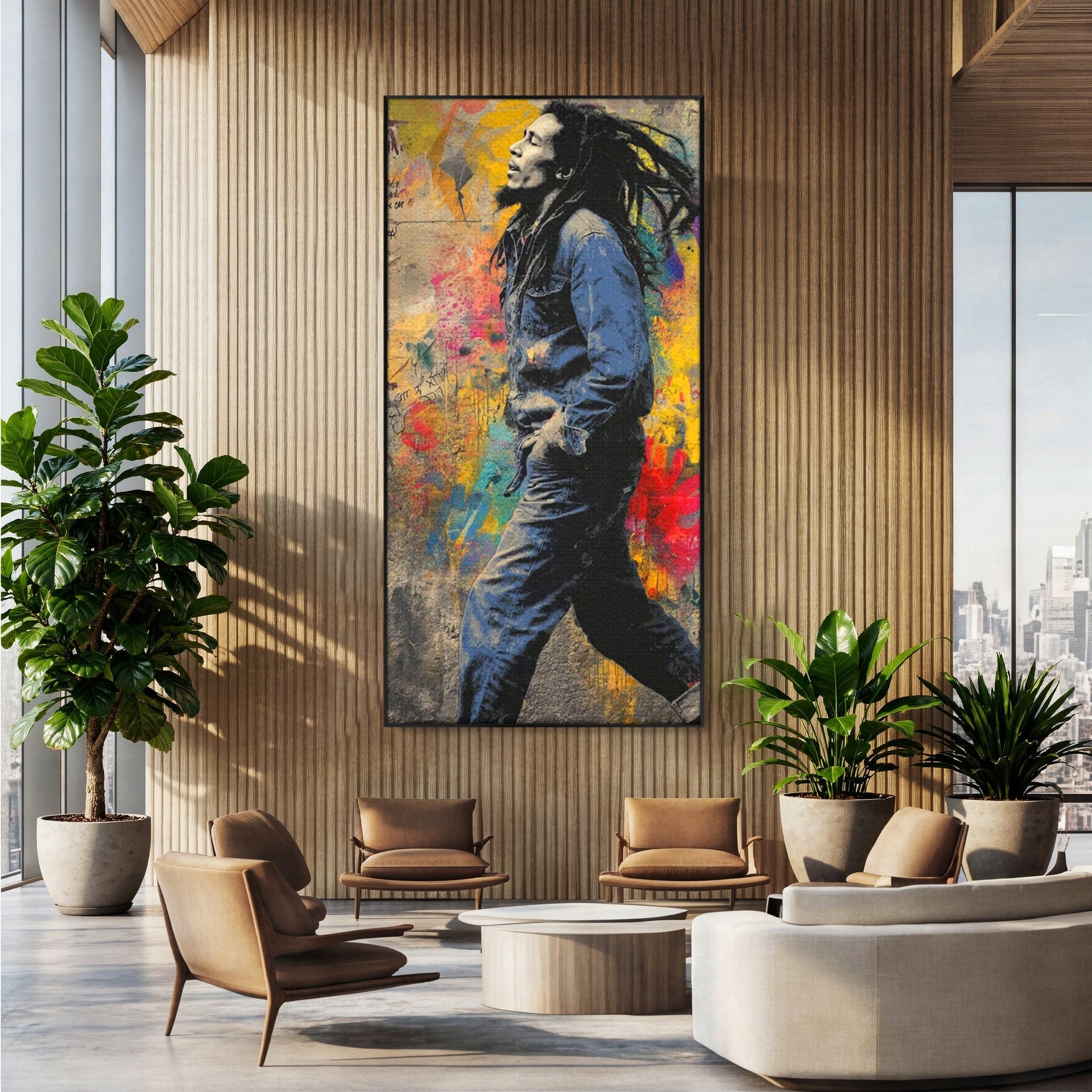 Tablou Canvas Premium LuxCanva® PI1153, Muzician Reggae In Miscare, Bob Marley, Impletituri, Arta Urbana, Vedeta, Living, Culori Vibrante