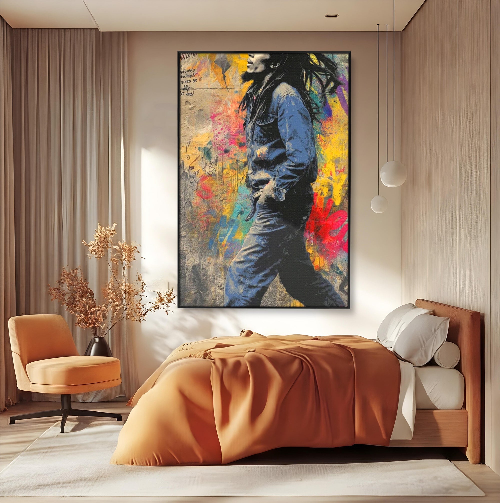 Tablou Canvas Premium LuxCanva® PI1153, Muzician Reggae In Miscare, Bob Marley, Impletituri, Arta Urbana, Vedeta, Living, Culori Vibrante