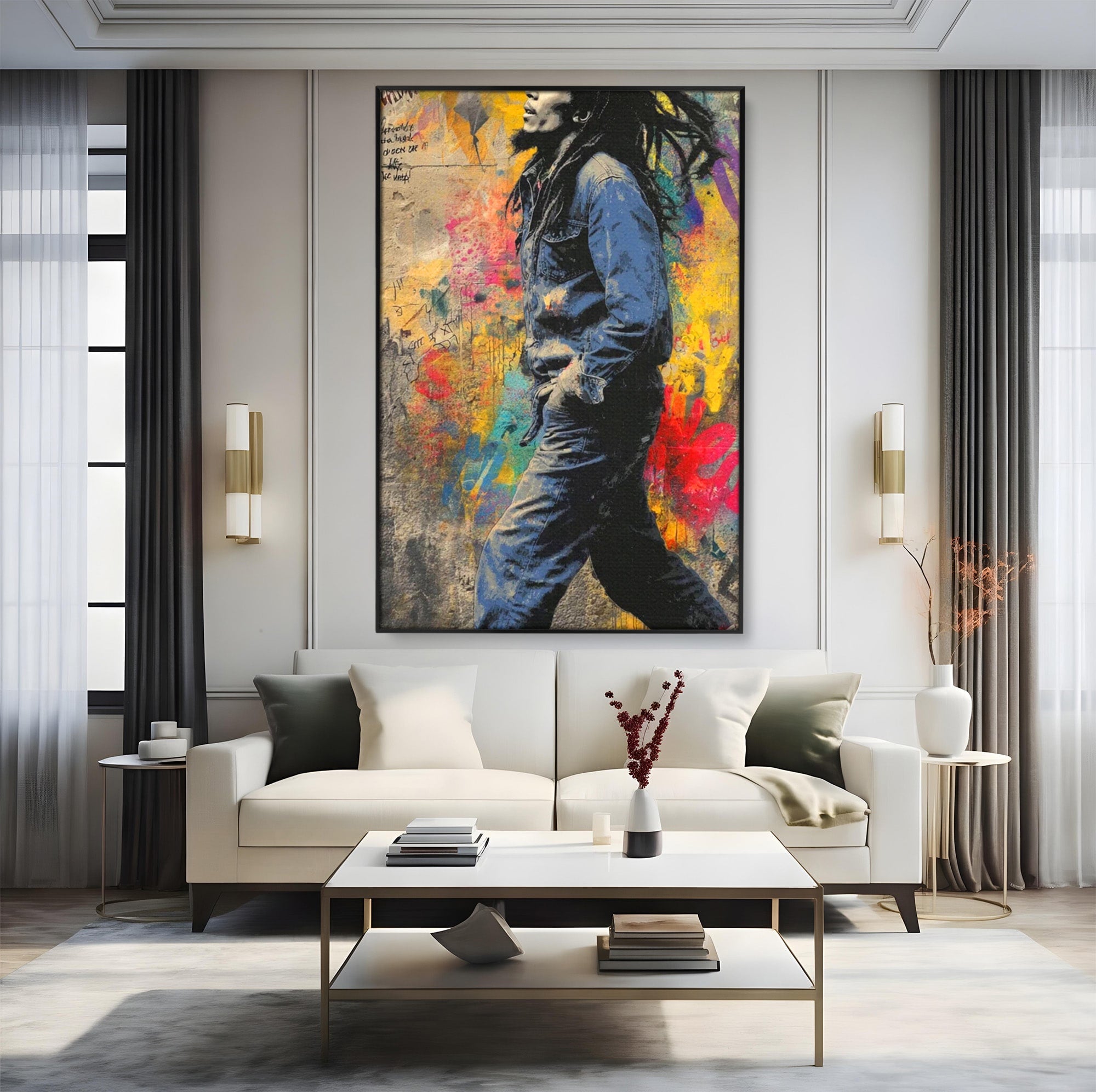 Tablou Canvas Premium LuxCanva® PI1153, Muzician Reggae In Miscare, Bob Marley, Impletituri, Arta Urbana, Vedeta, Living, Culori Vibrante