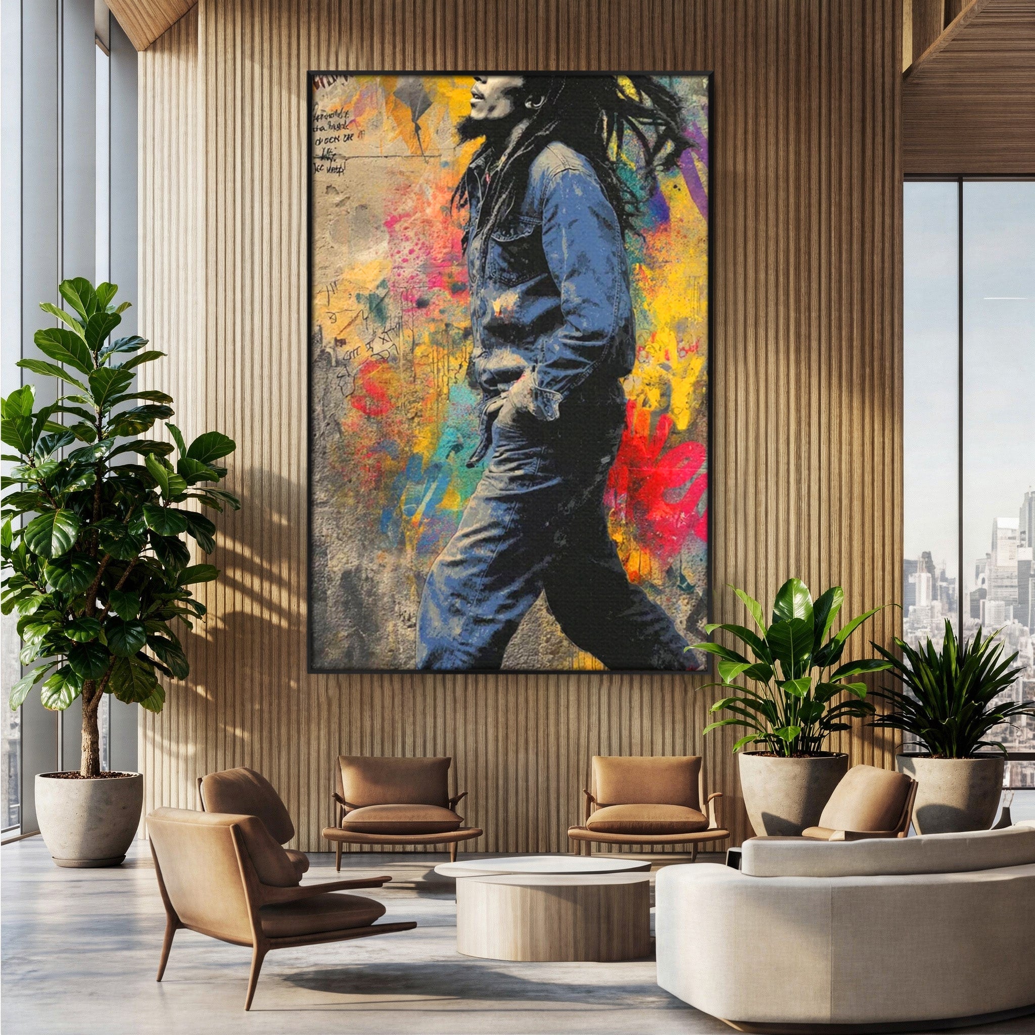 Tablou Canvas Premium LuxCanva® PI1153, Muzician Reggae In Miscare, Bob Marley, Impletituri, Arta Urbana, Vedeta, Living, Culori Vibrante