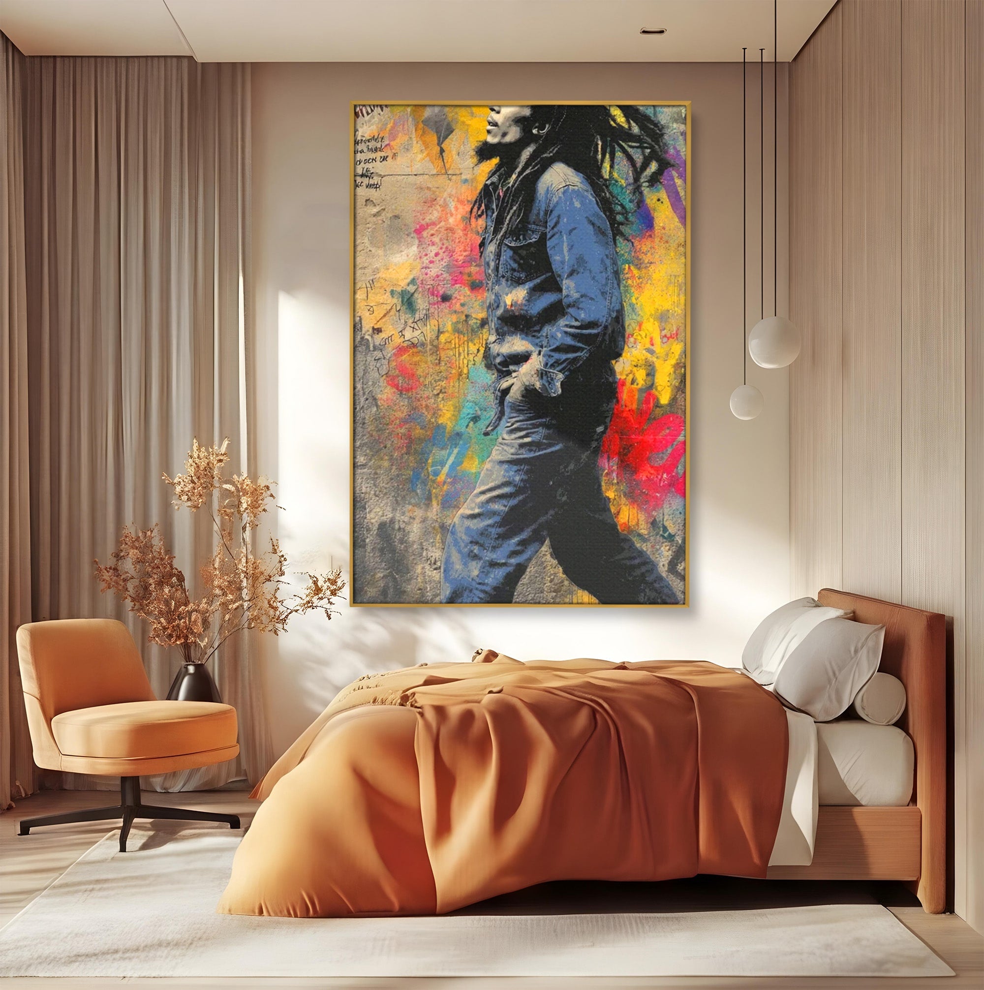 Tablou Canvas Premium LuxCanva® PI1153, Muzician Reggae In Miscare, Bob Marley, Impletituri, Arta Urbana, Vedeta, Living, Culori Vibrante